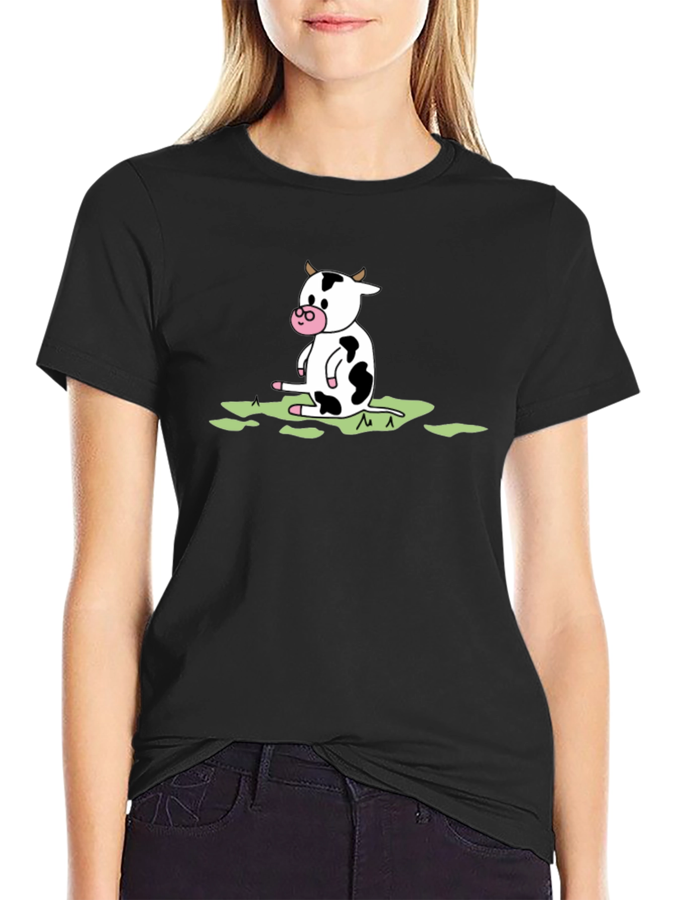 Cow Cartoon Graphic Tee - Black Cotton T-Shirt