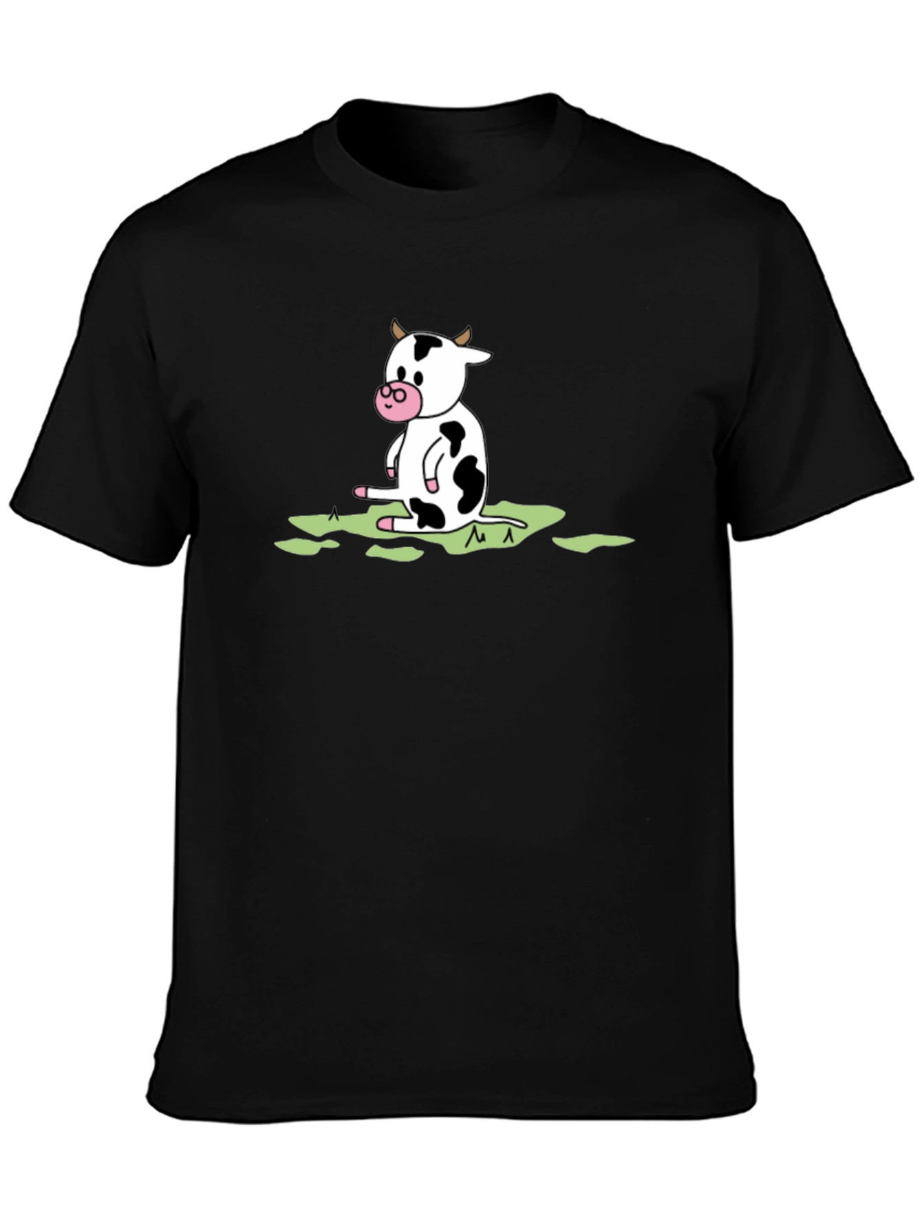 Cow Cartoon Graphic Tee - Black Cotton T-Shirt
