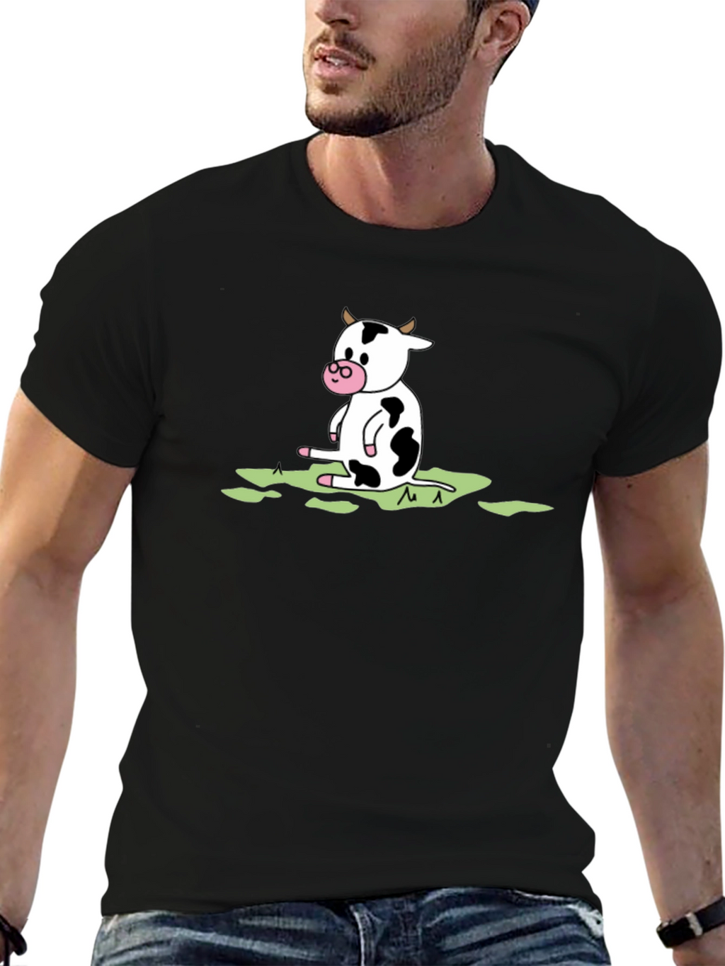 Cow Cartoon Graphic Tee - Black Cotton T-Shirt