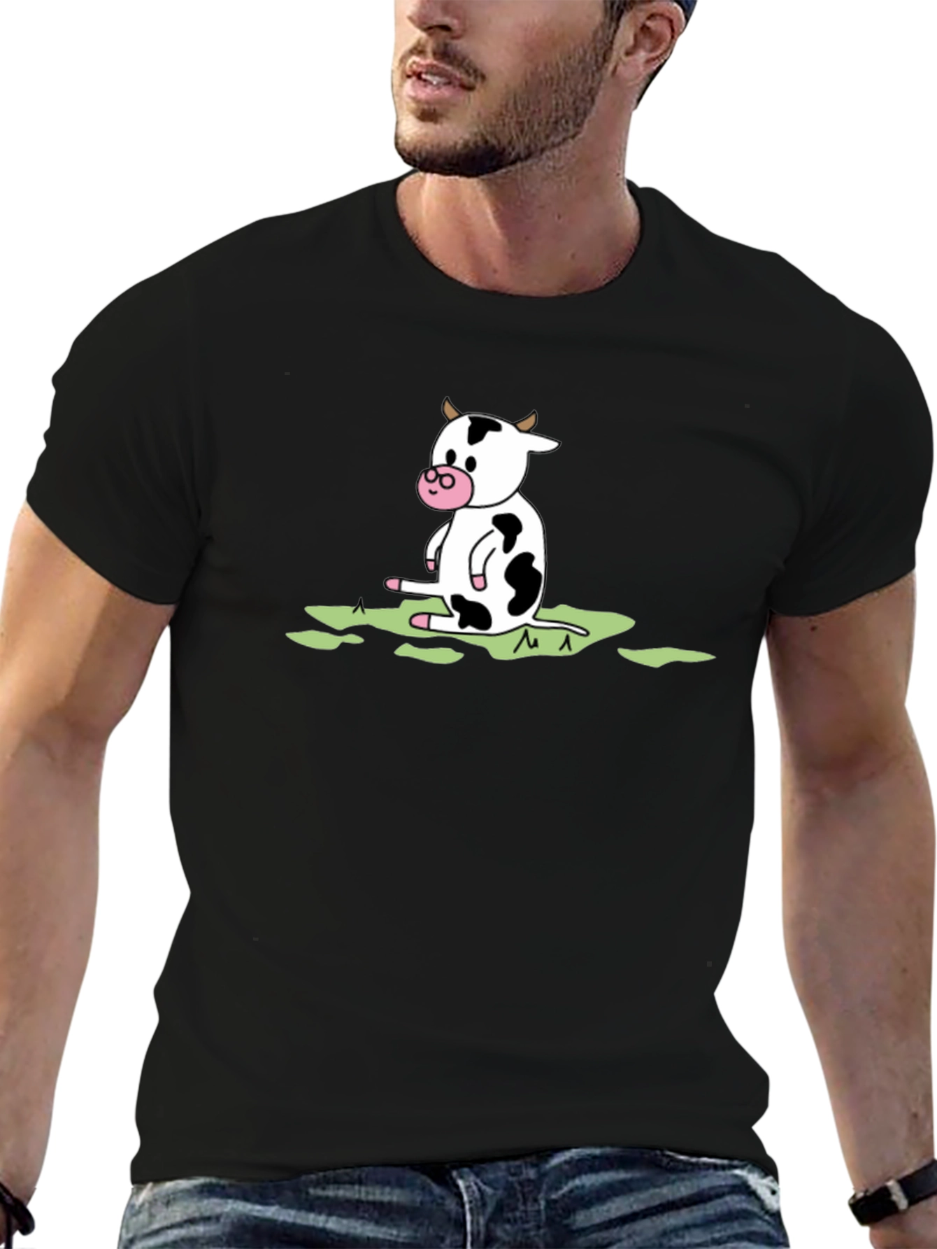 Cow Cartoon Graphic Tee - Black Cotton T-Shirt