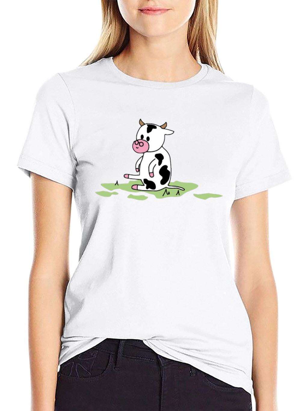 Cow Cartoon Graphic Tee - Black Cotton T-Shirt