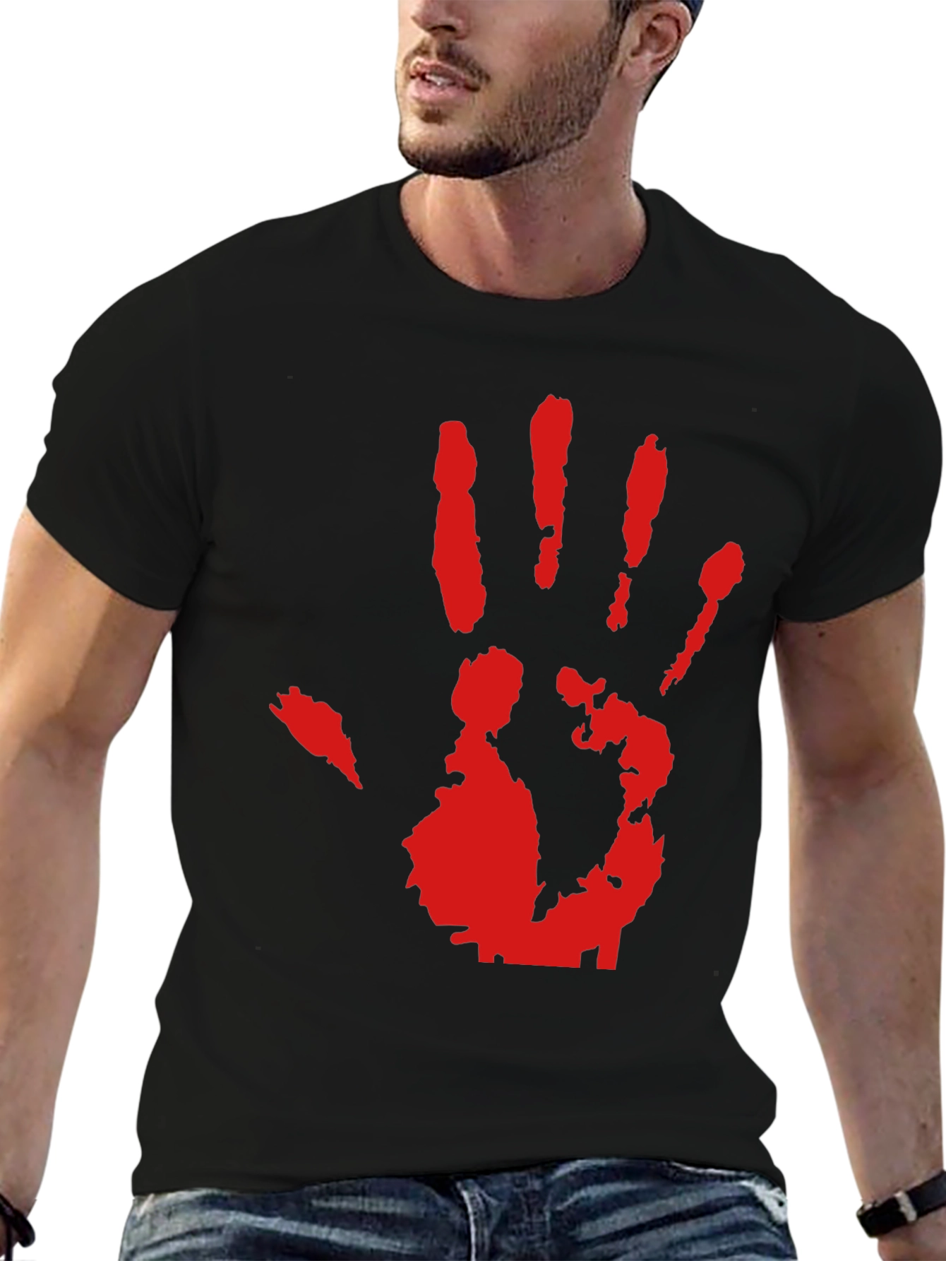Red Hand Print Graphic Black T-Shirt