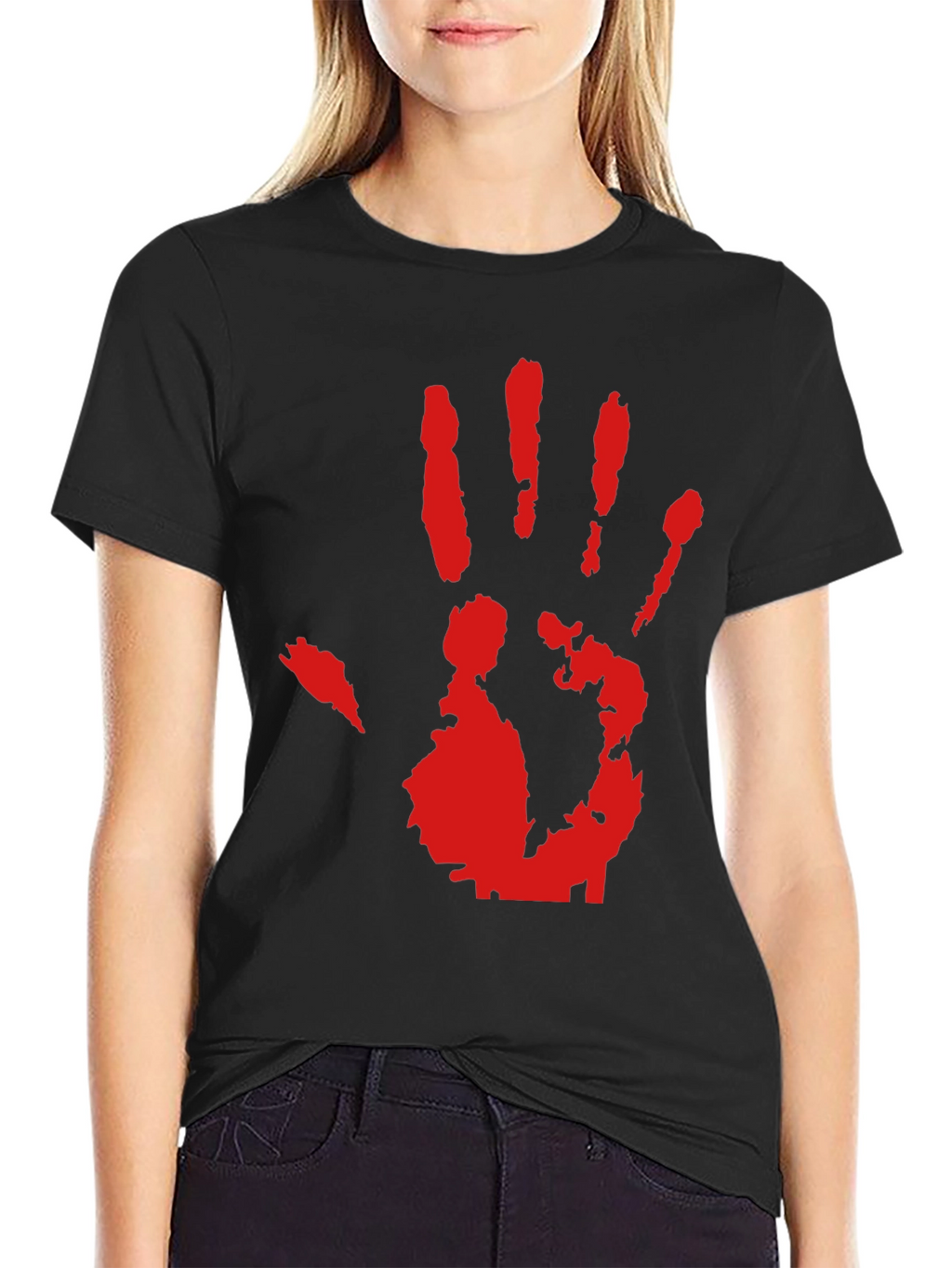 Red Hand Print Graphic Black T-Shirt