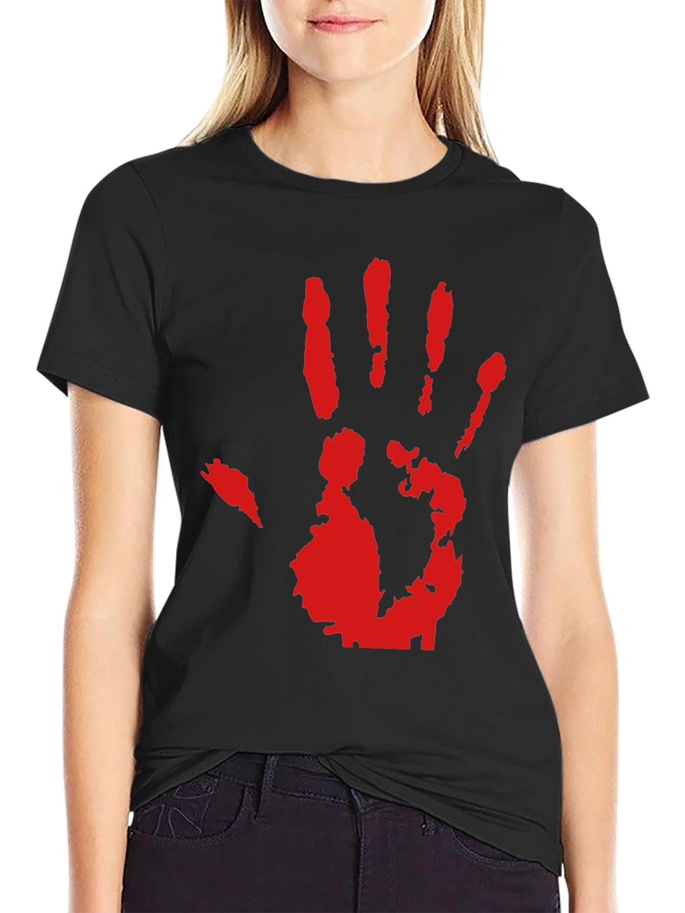 Red Hand Print Graphic Black T-Shirt