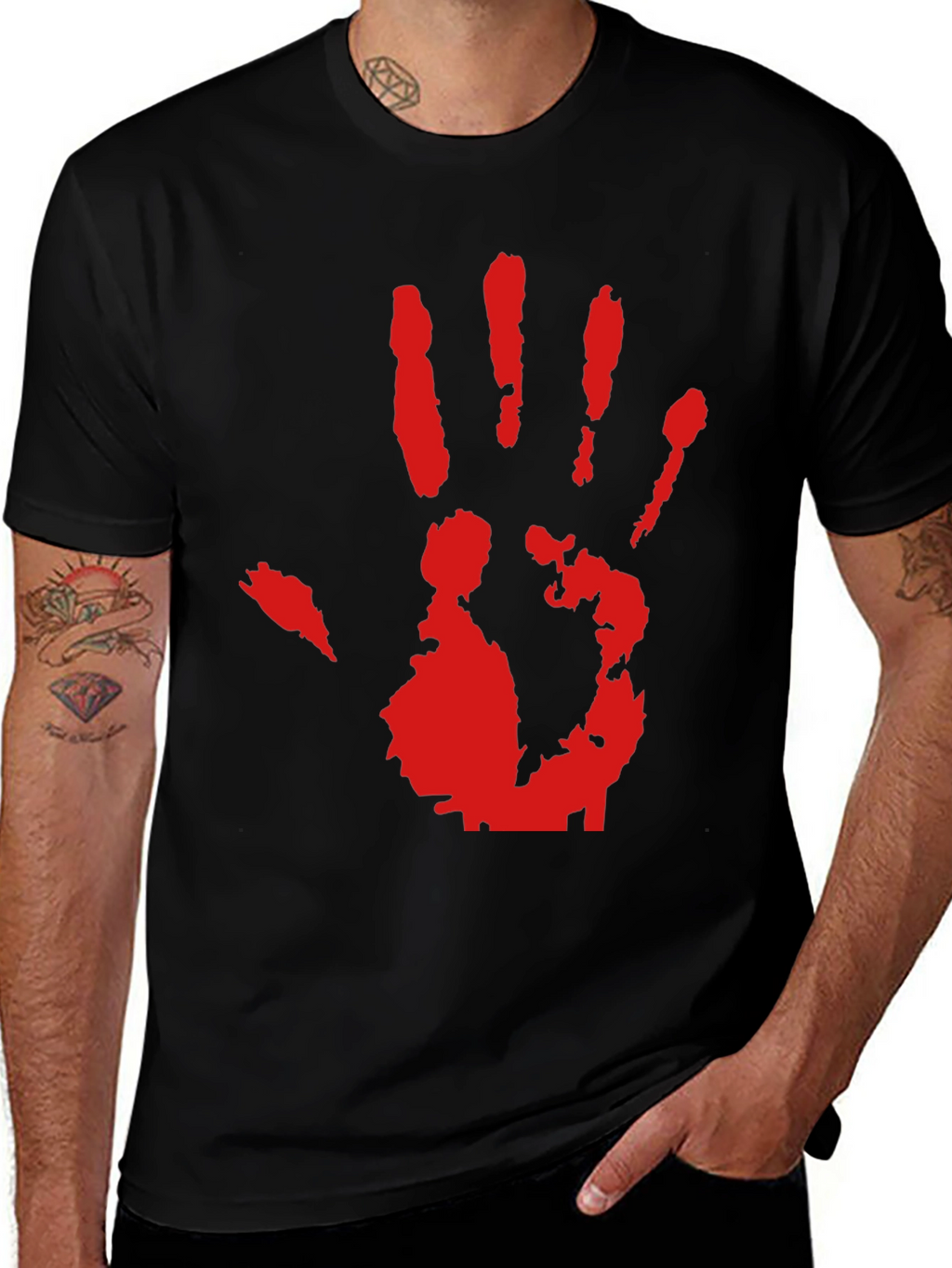 Red Hand Print Graphic Black T-Shirt
