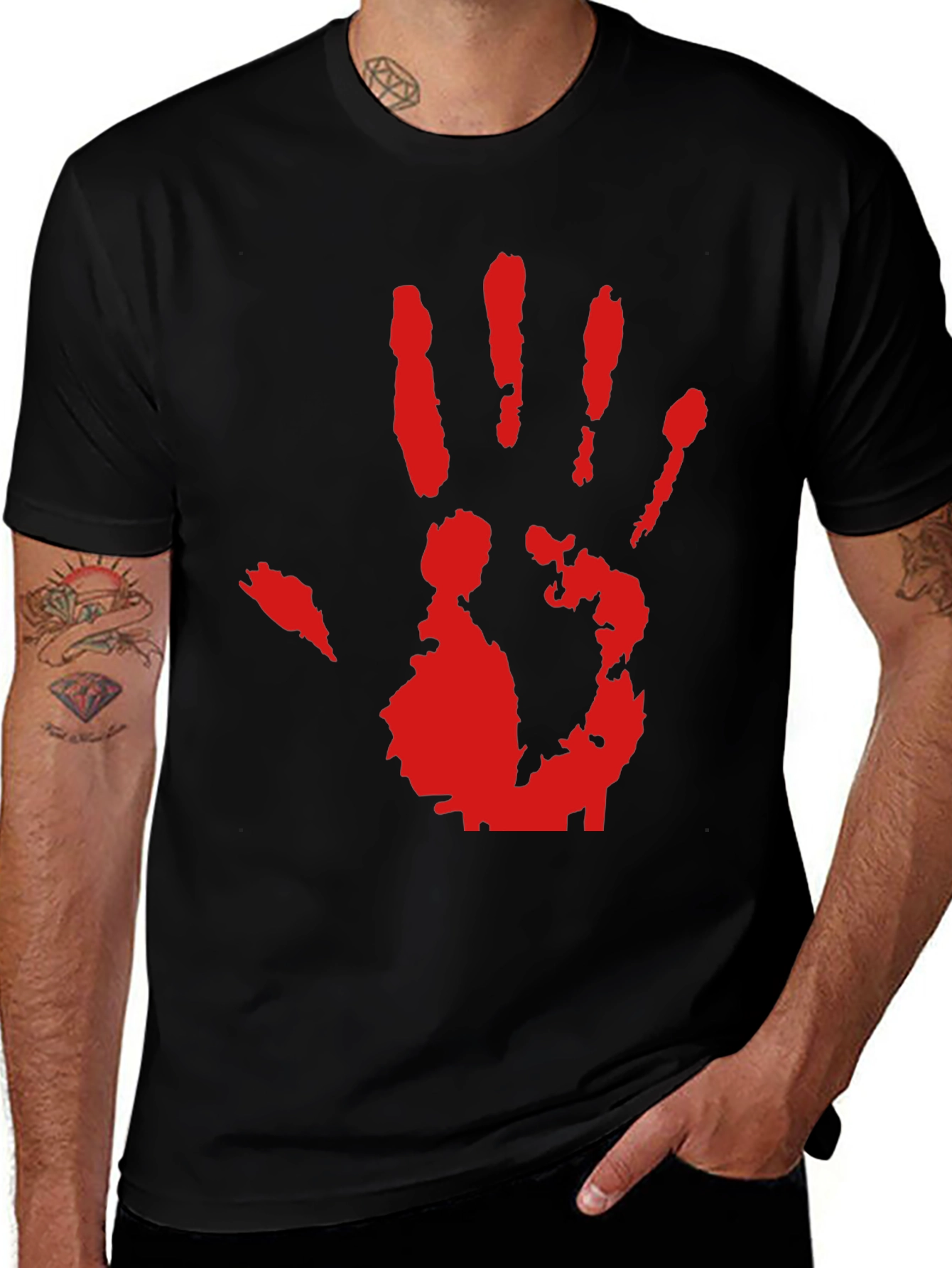 Red Hand Print Graphic Black T-Shirt