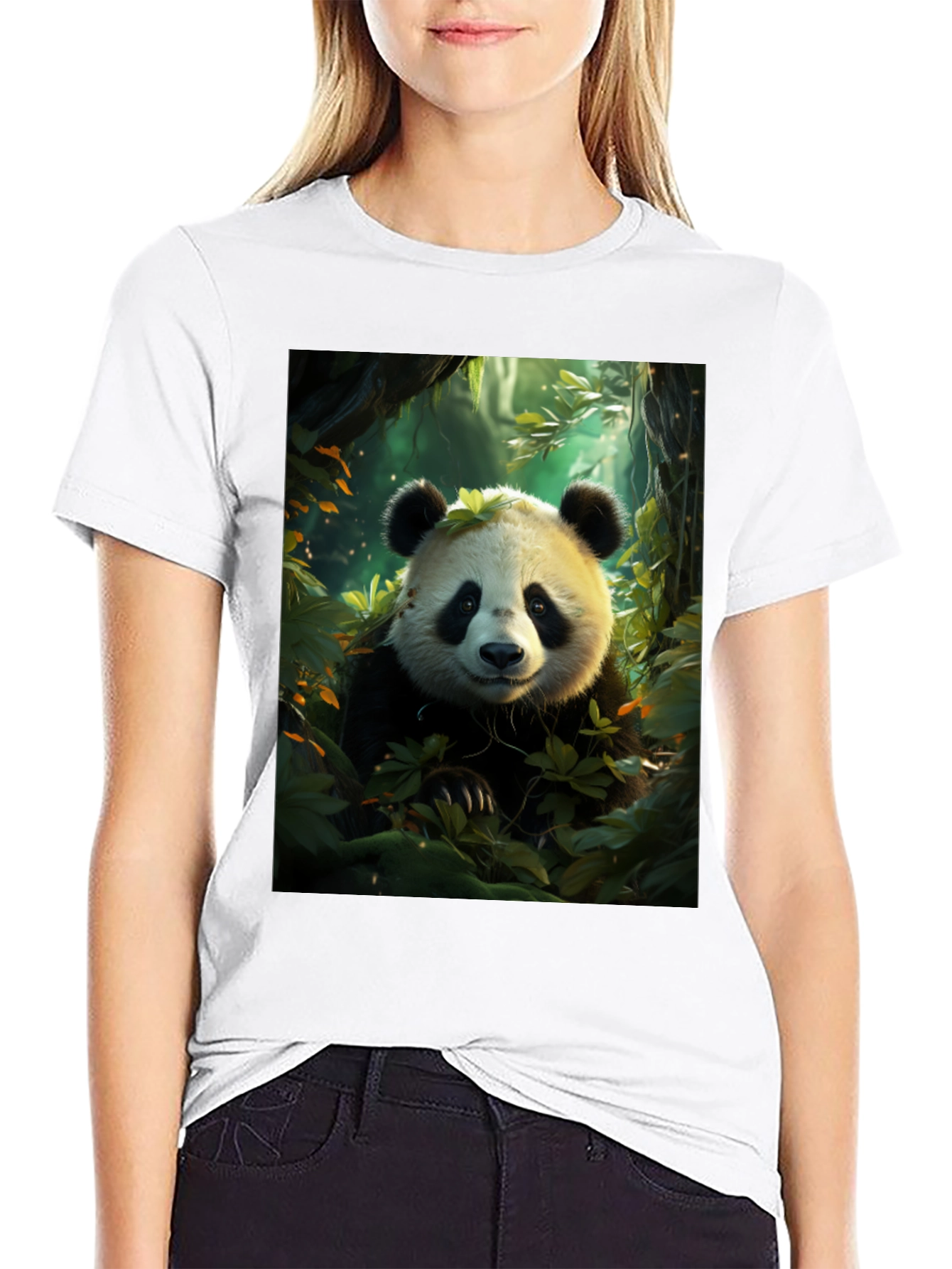Panda in Forest Black T-Shirt