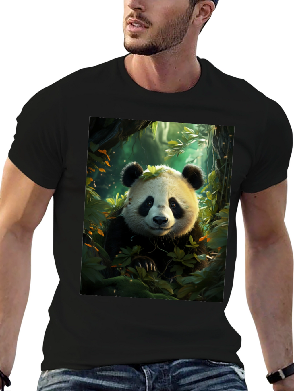 Panda in Forest Black T-Shirt