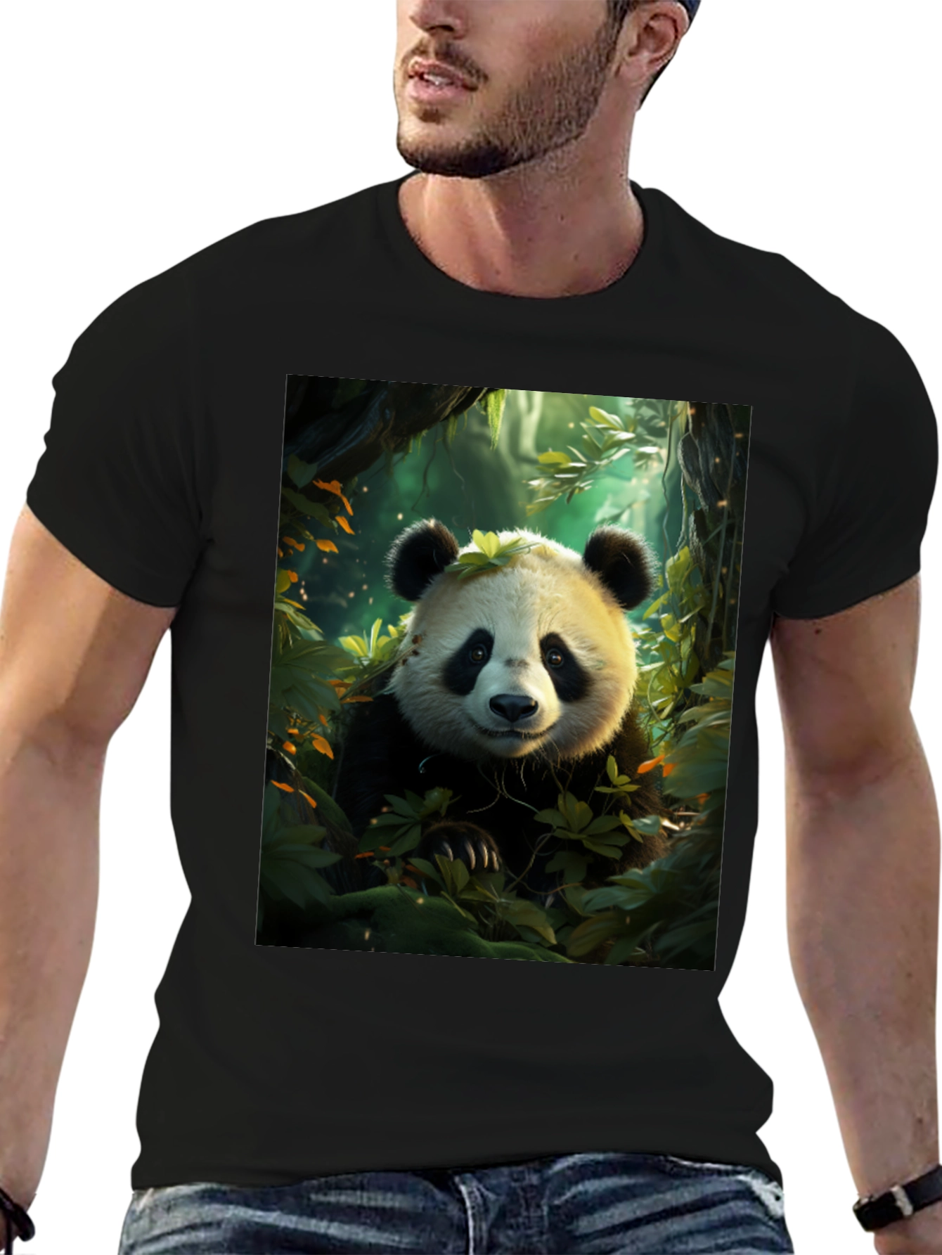 Panda in Forest Black T-Shirt