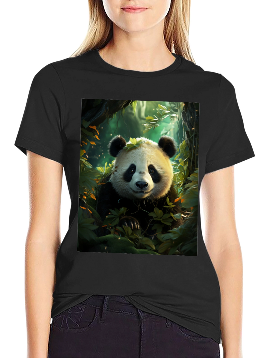Panda in Forest Black T-Shirt