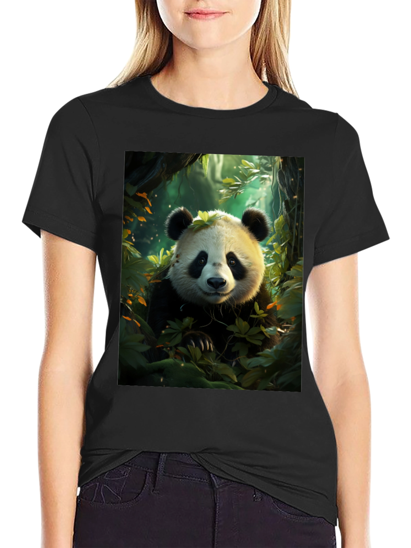 Panda in Forest Black T-Shirt