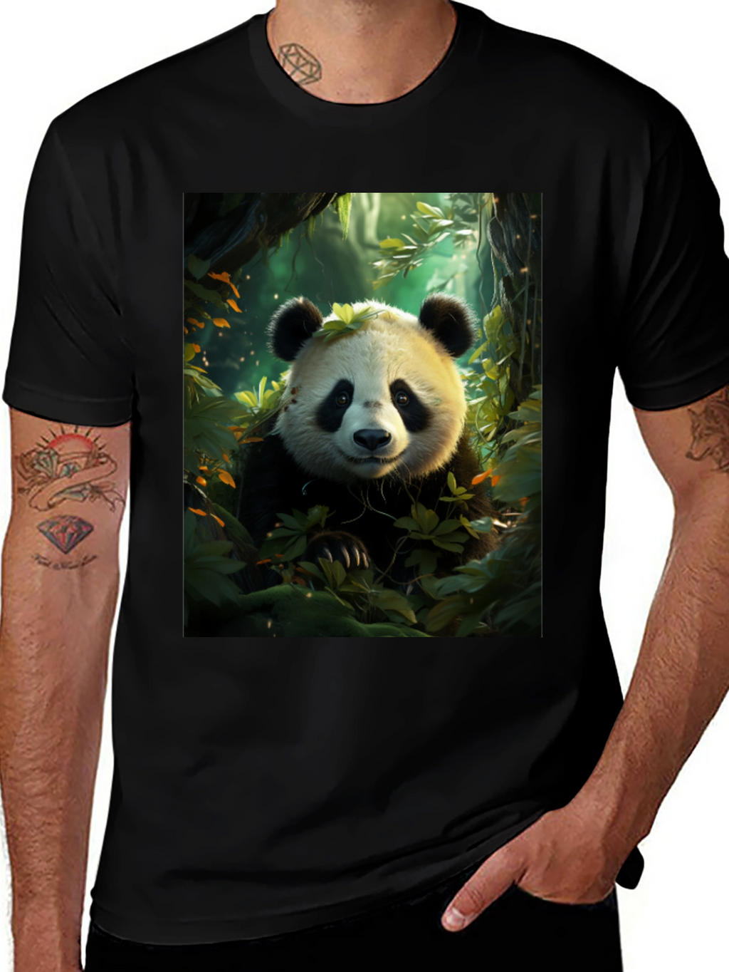 Panda in Forest Black T-Shirt