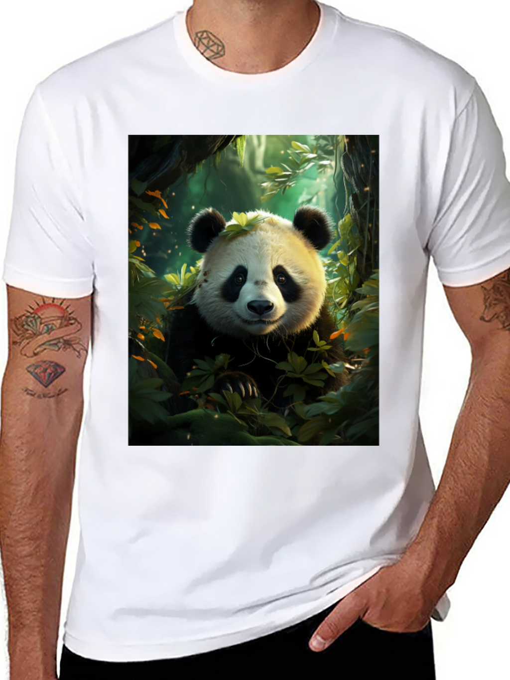 Panda in Forest Black T-Shirt