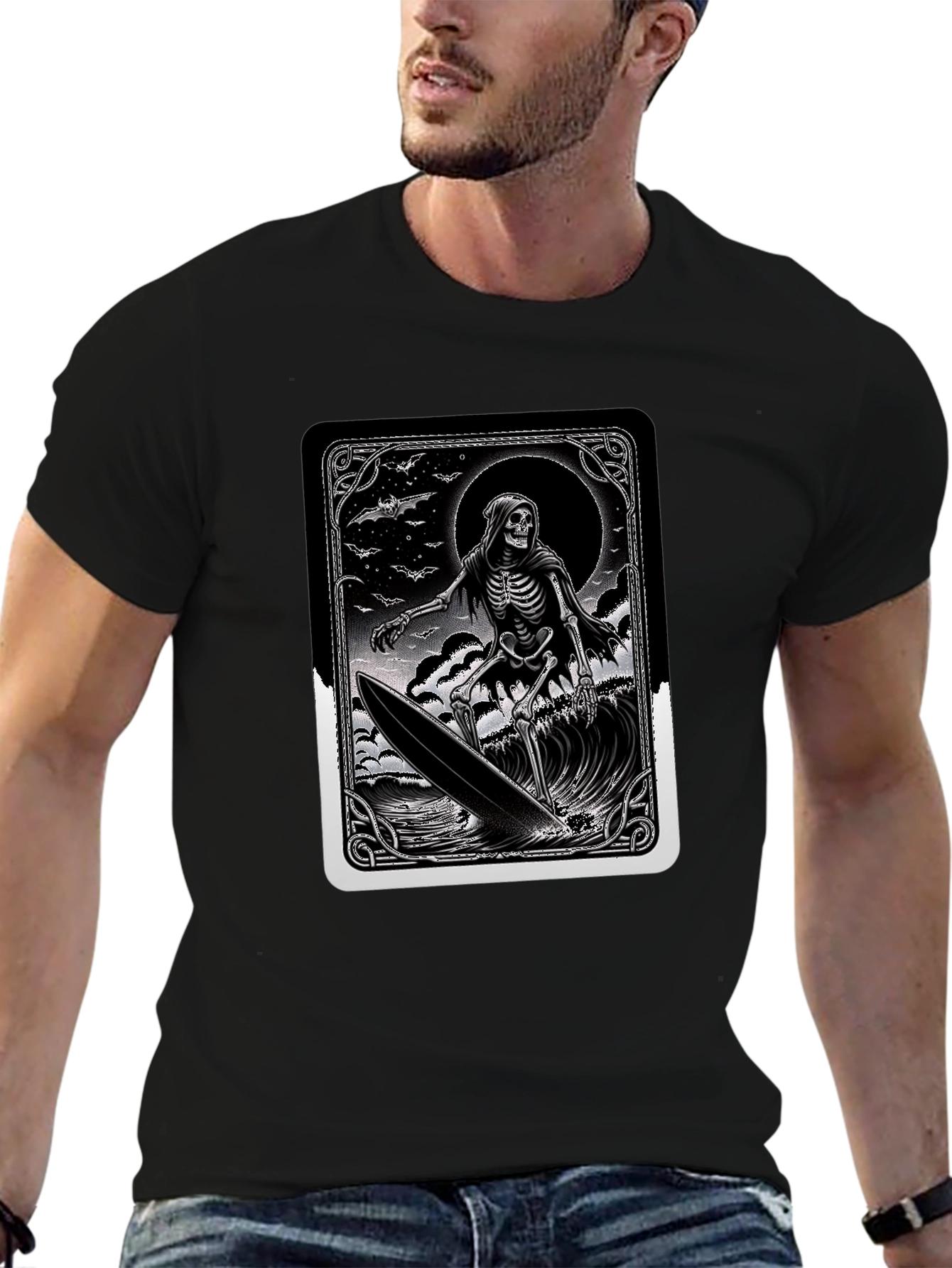 Grim Reaper Surfer Graphic Tee - Black Cotton
