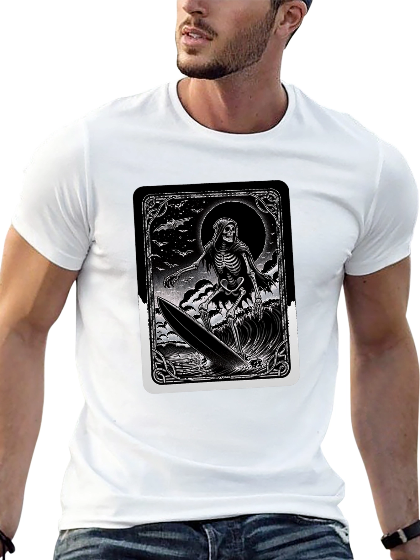 Grim Reaper Surfer Graphic Tee - Black Cotton