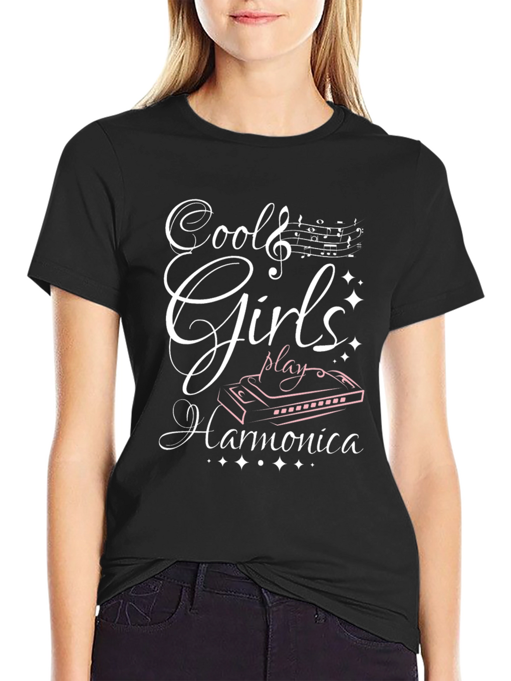 Cool Girls Play Harmonica Black T-Shirt