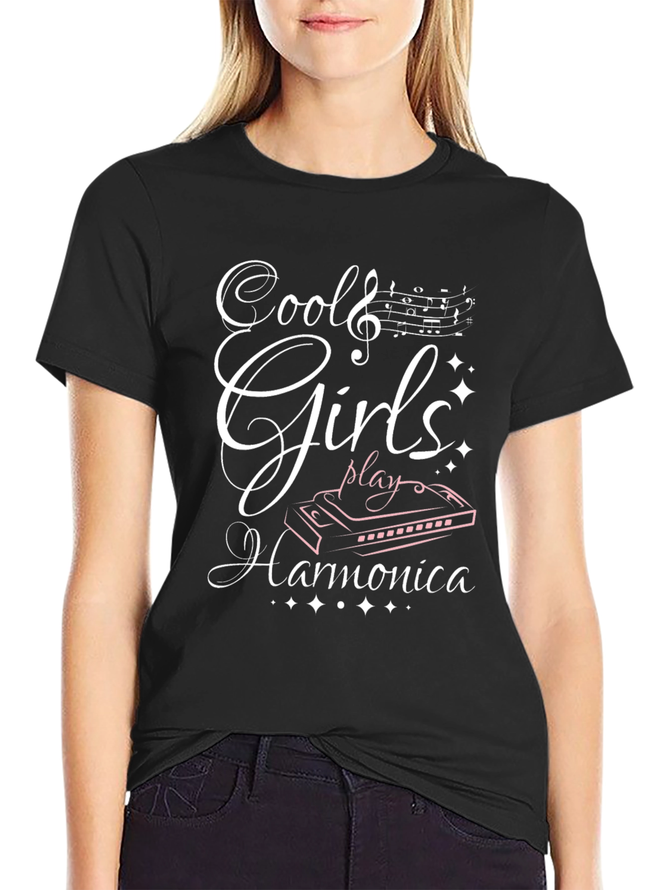 Cool Girls Play Harmonica Black T-Shirt