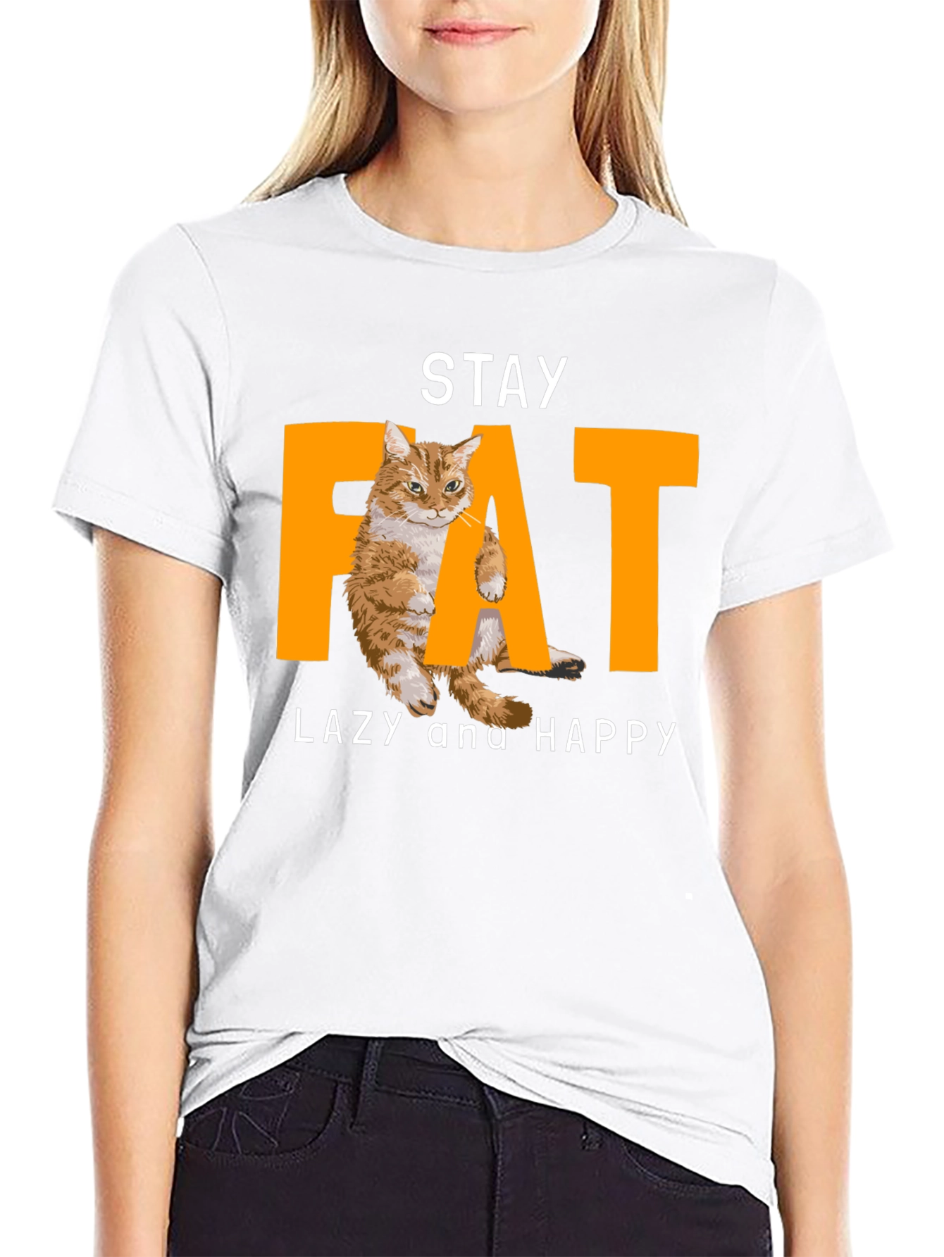 Stay Fat Lazy and Happy Cat Graphic T-Shirt