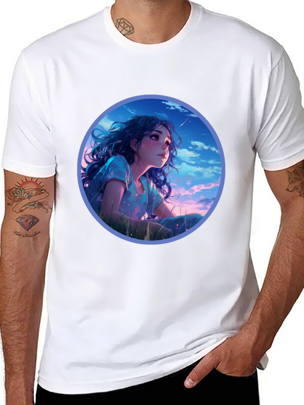 Anime Girl Stargazing Black T-Shirt