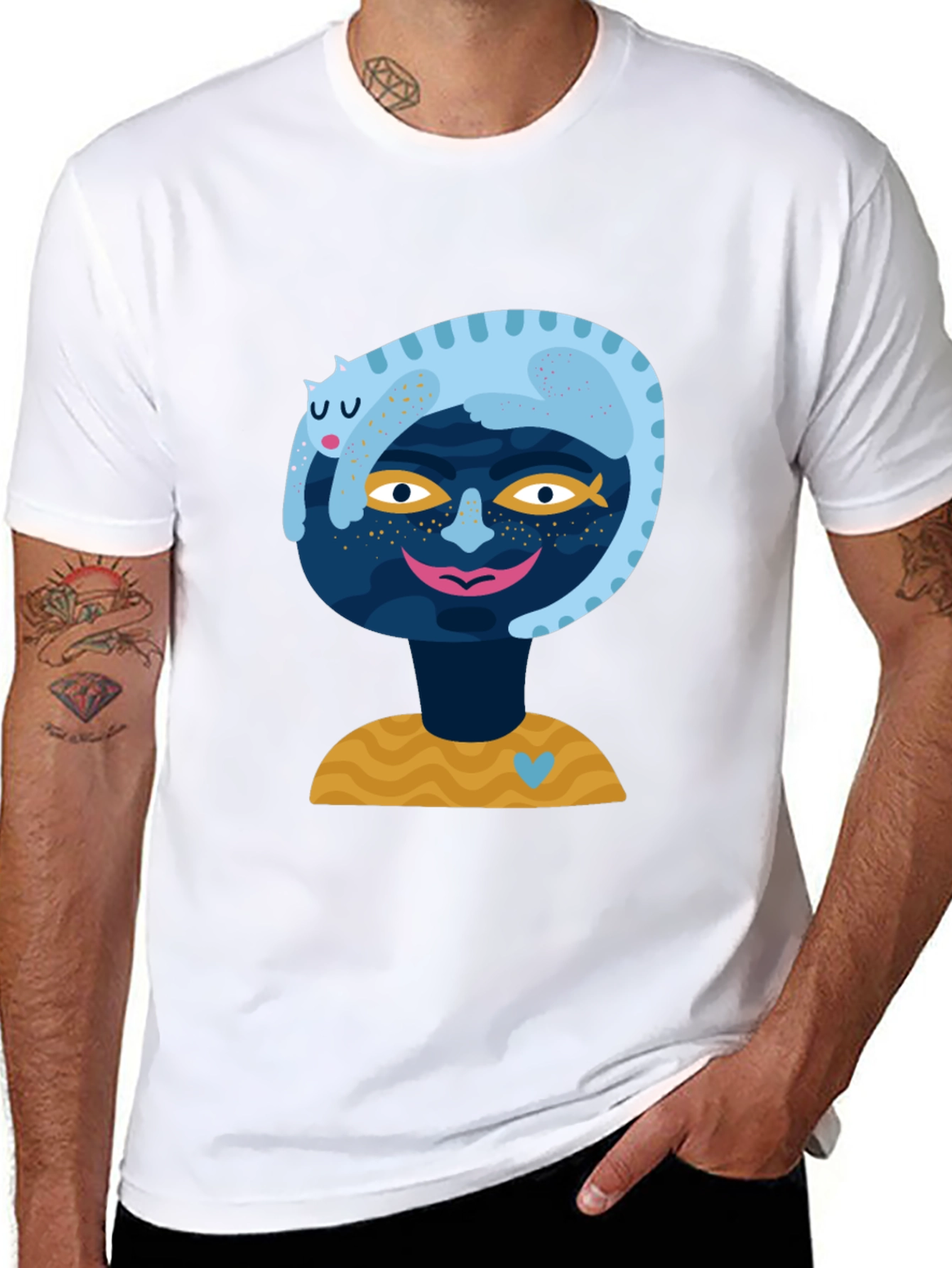 Abstract Cat & Face Graphic Tee - Black