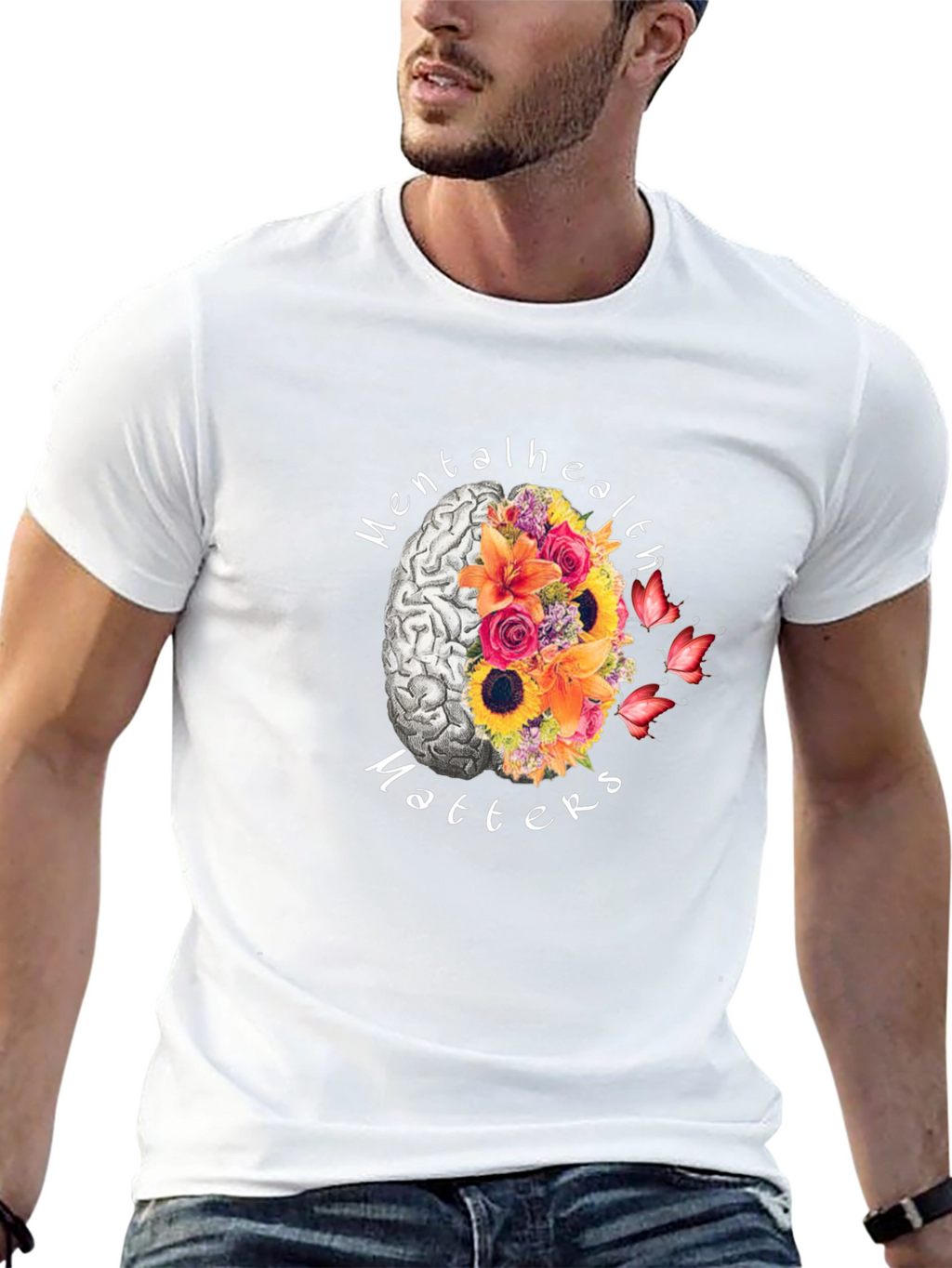 Mental Health Matters Brain & Flower Graphic T-Shirt