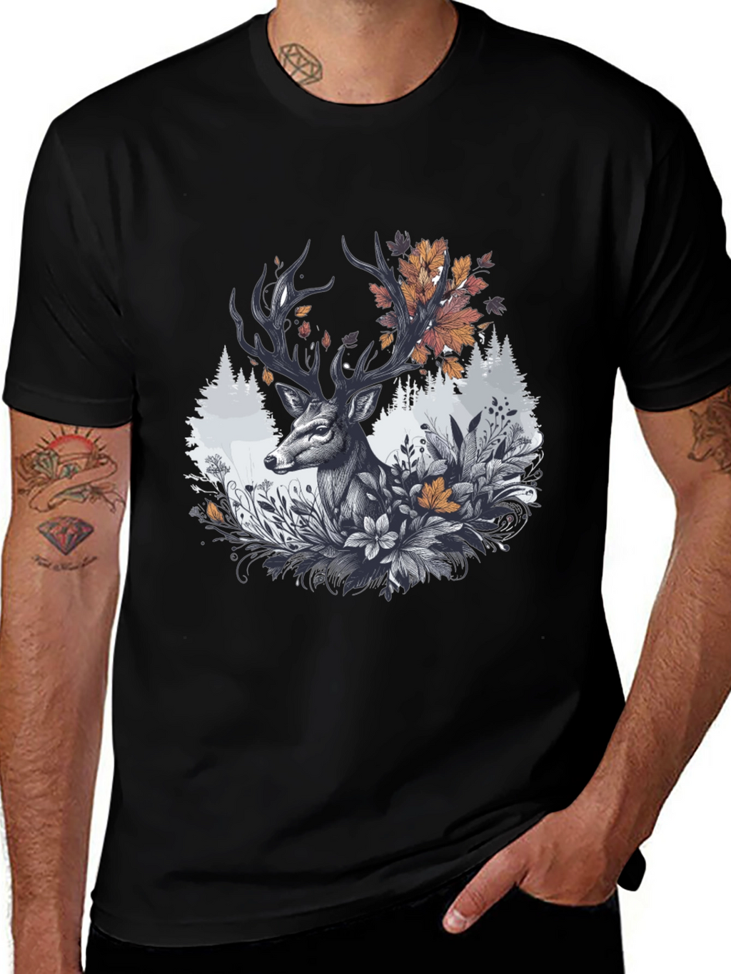 Deer Floral Graphic Tee - Black