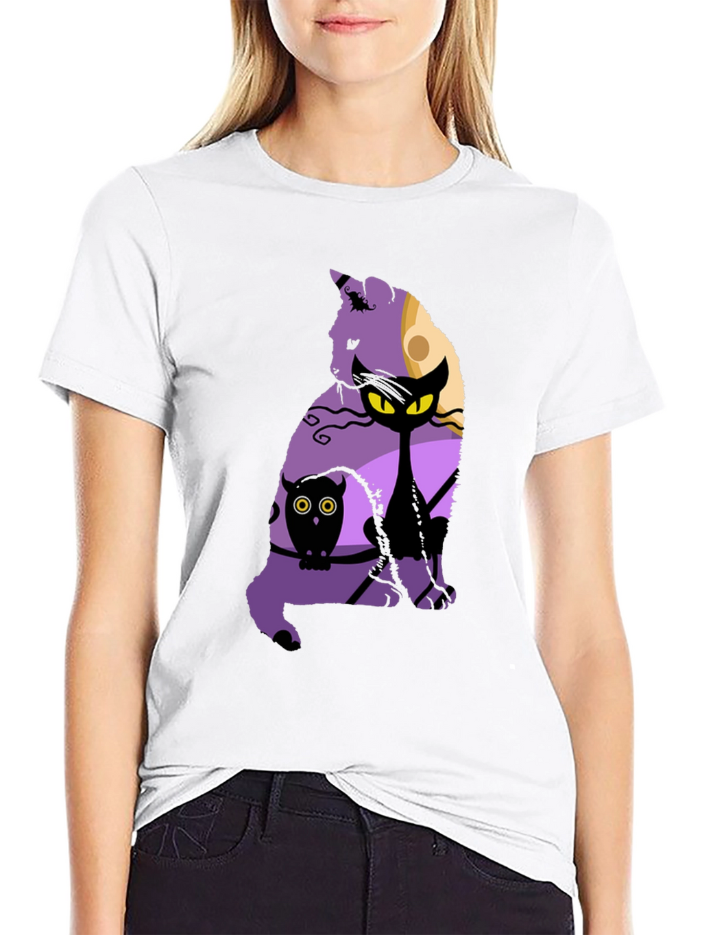 Halloween Cat & Owl Graphic T-Shirt