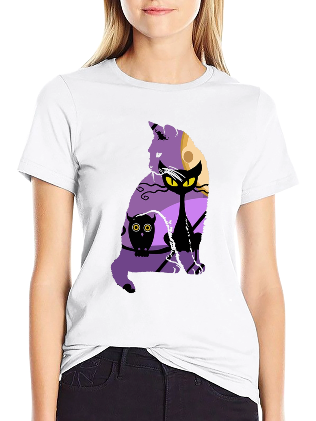 Halloween Cat & Owl Graphic T-Shirt