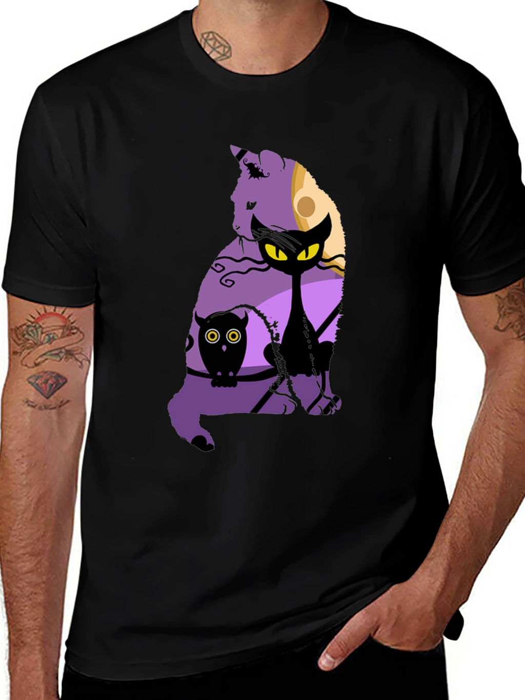 Halloween Cat & Owl Graphic T-Shirt