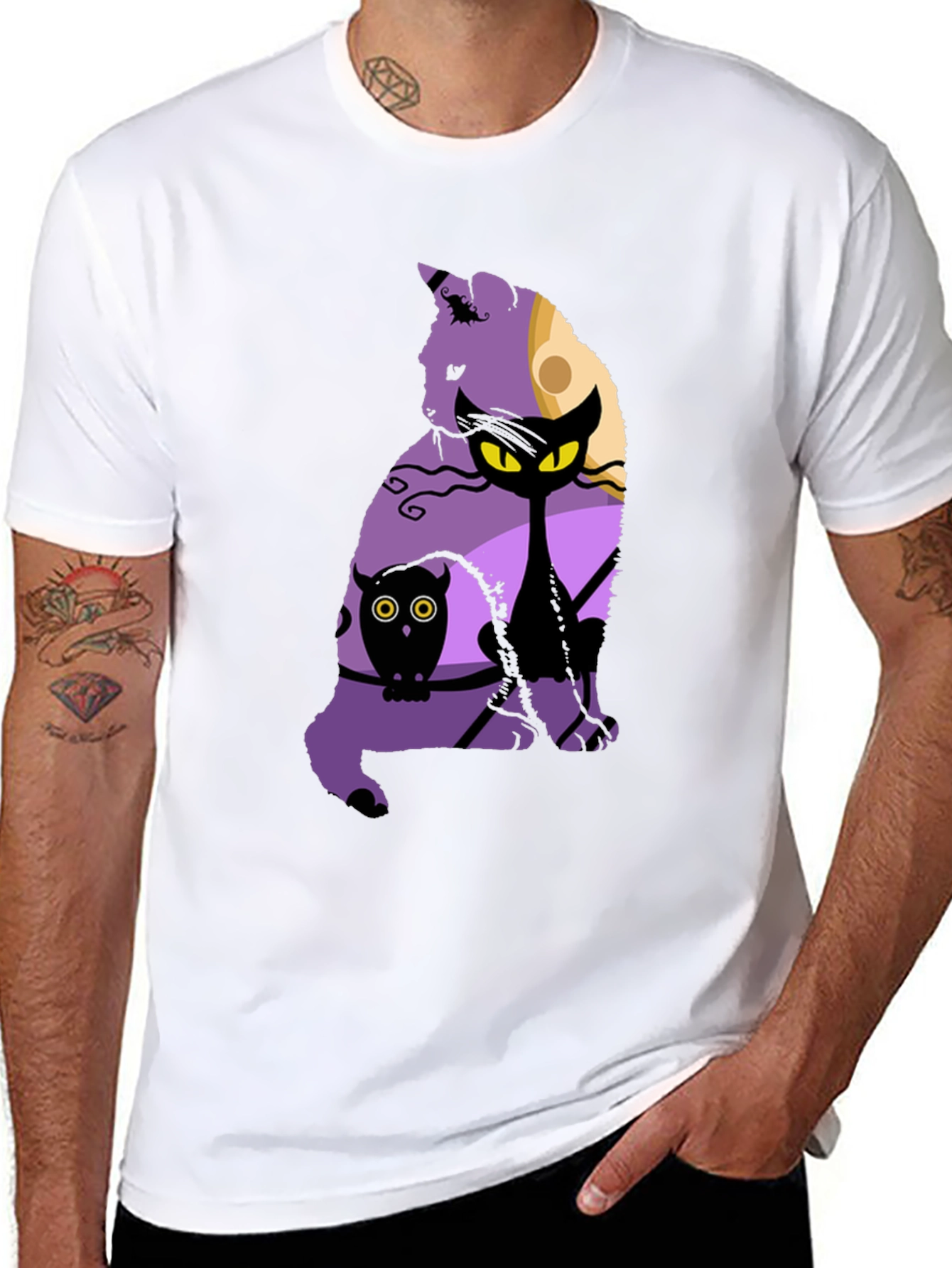 Halloween Cat & Owl Graphic T-Shirt