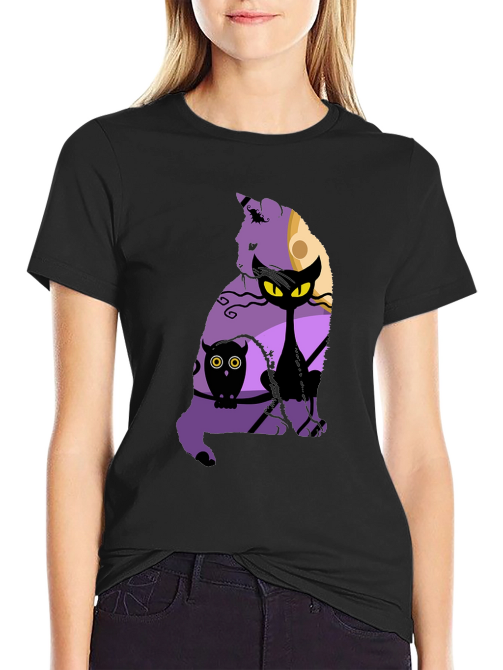 Halloween Cat & Owl Graphic T-Shirt
