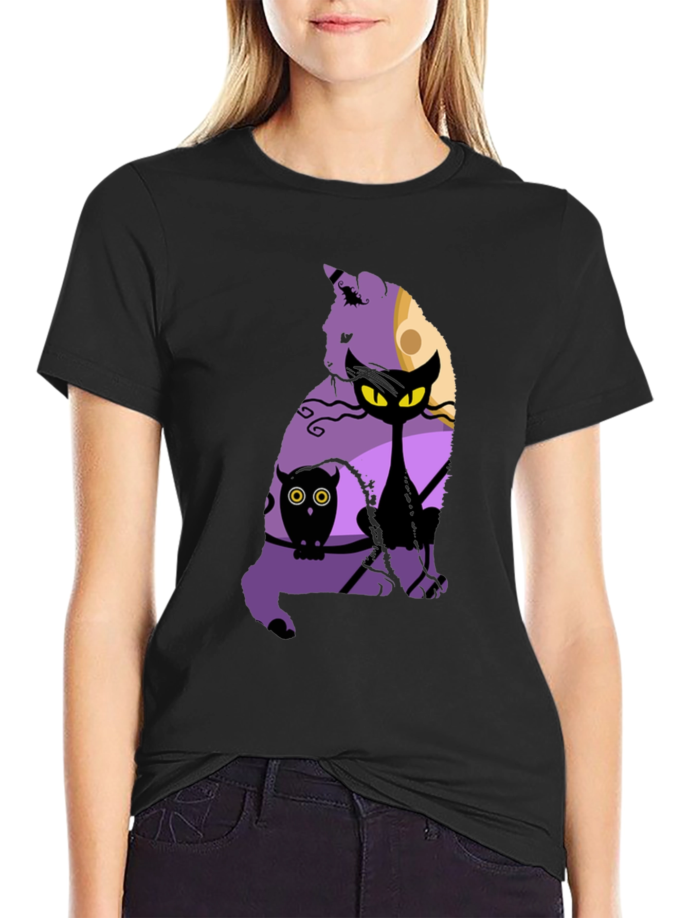 Halloween Cat & Owl Graphic T-Shirt