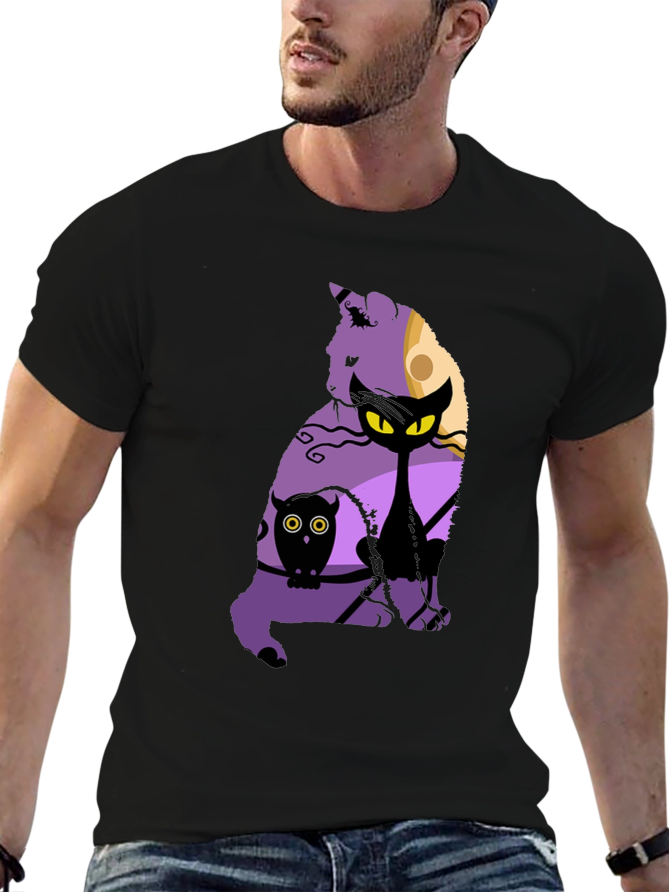 Halloween Cat & Owl Graphic T-Shirt