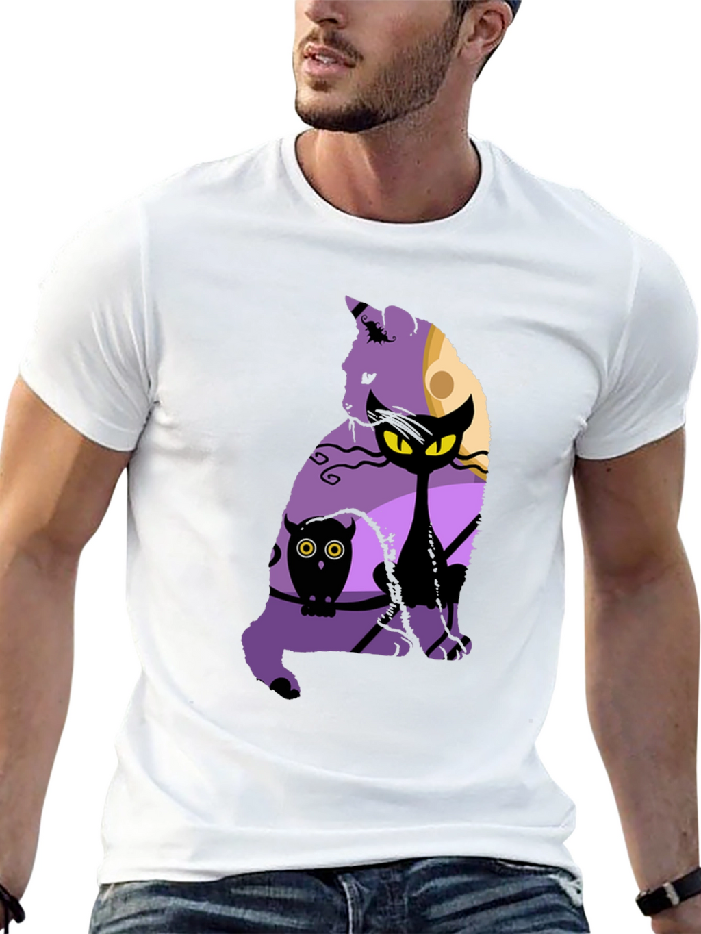 Halloween Cat & Owl Graphic T-Shirt