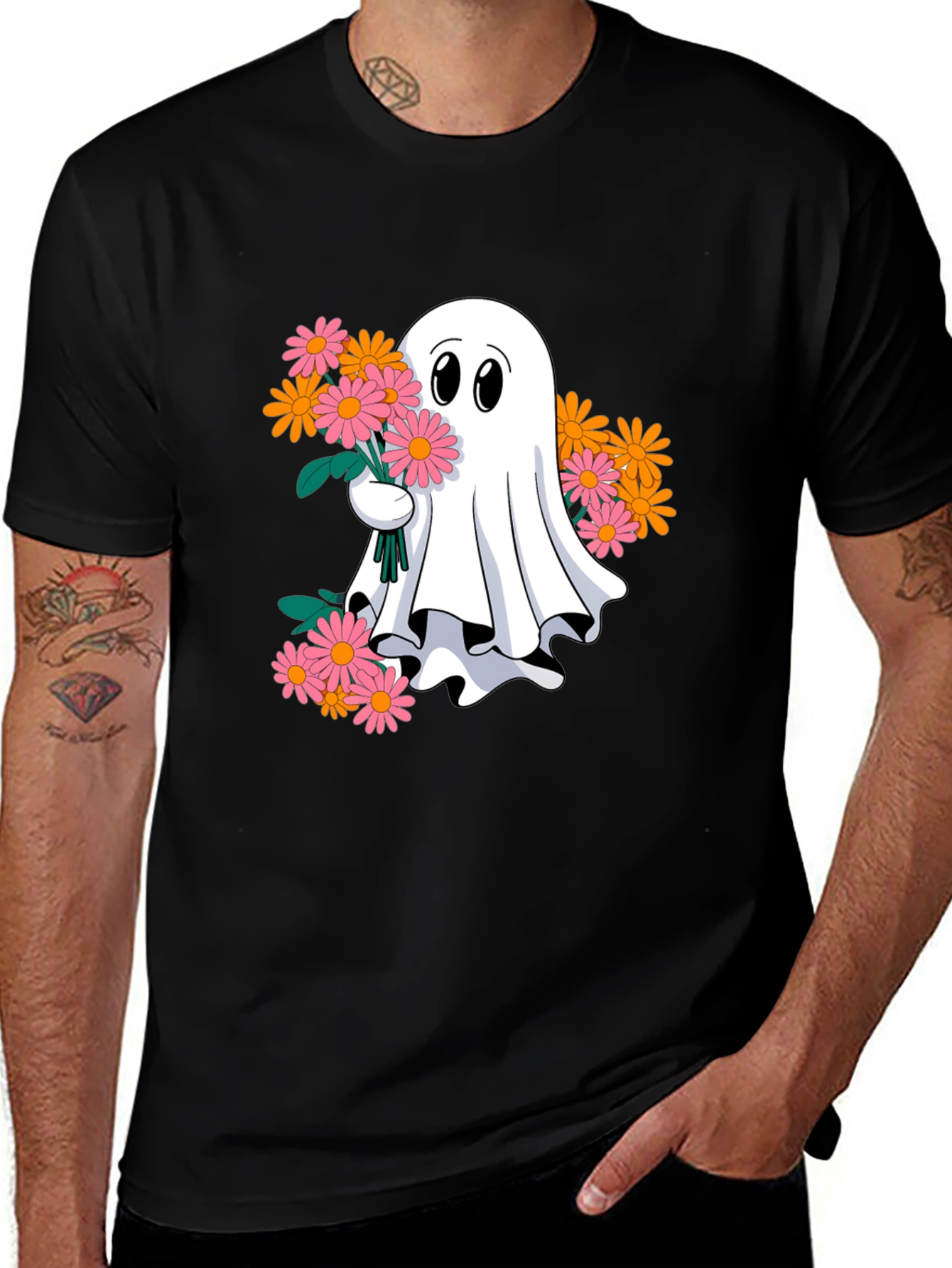 Ghost with Flowers Graphic Tee - Spooky Cute T-Shirt
