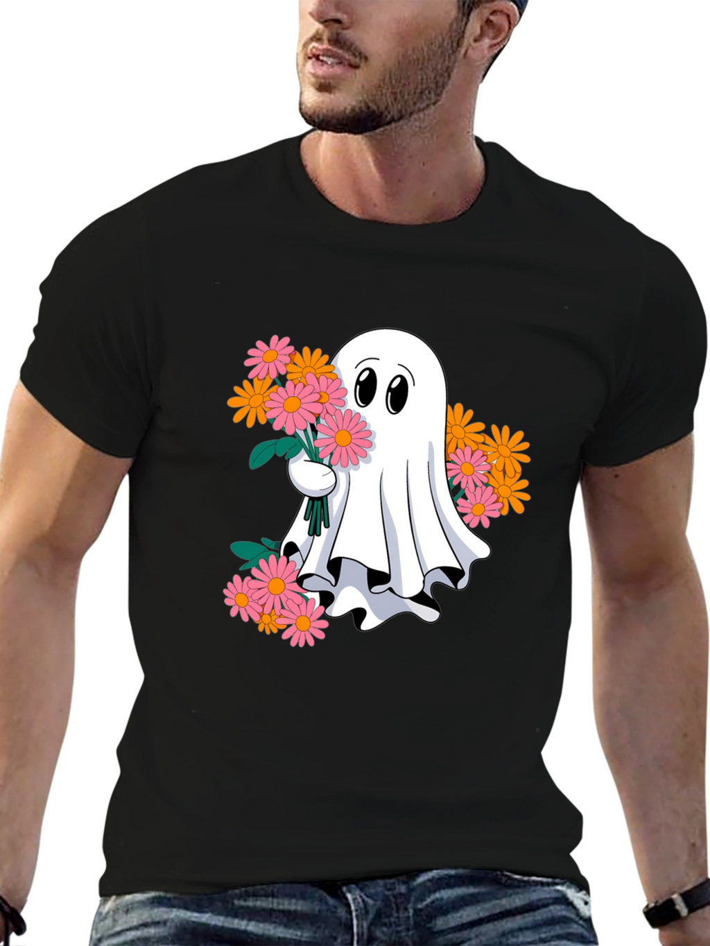 Ghost with Flowers Graphic Tee - Spooky Cute T-Shirt