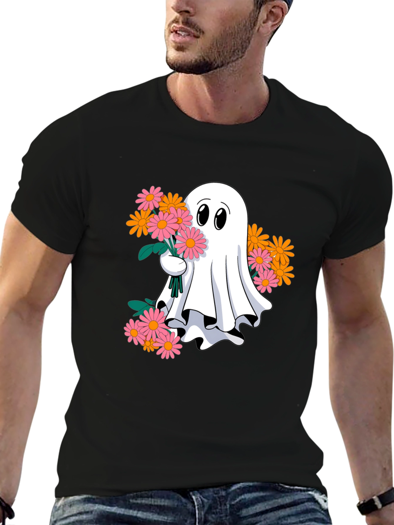 Ghost with Flowers Graphic Tee - Spooky Cute T-Shirt