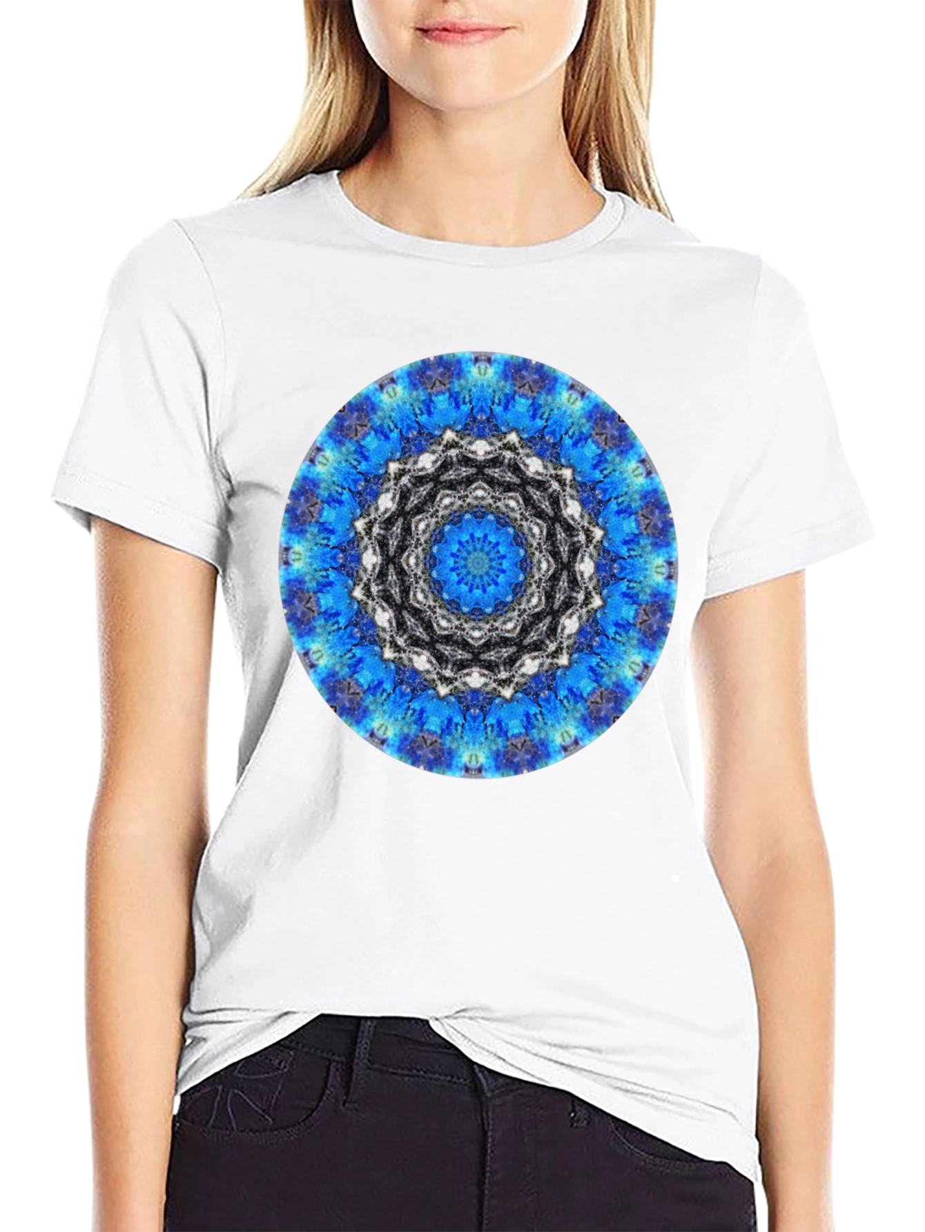 Blue Mandala Graphic Print Mens Black T-Shirt