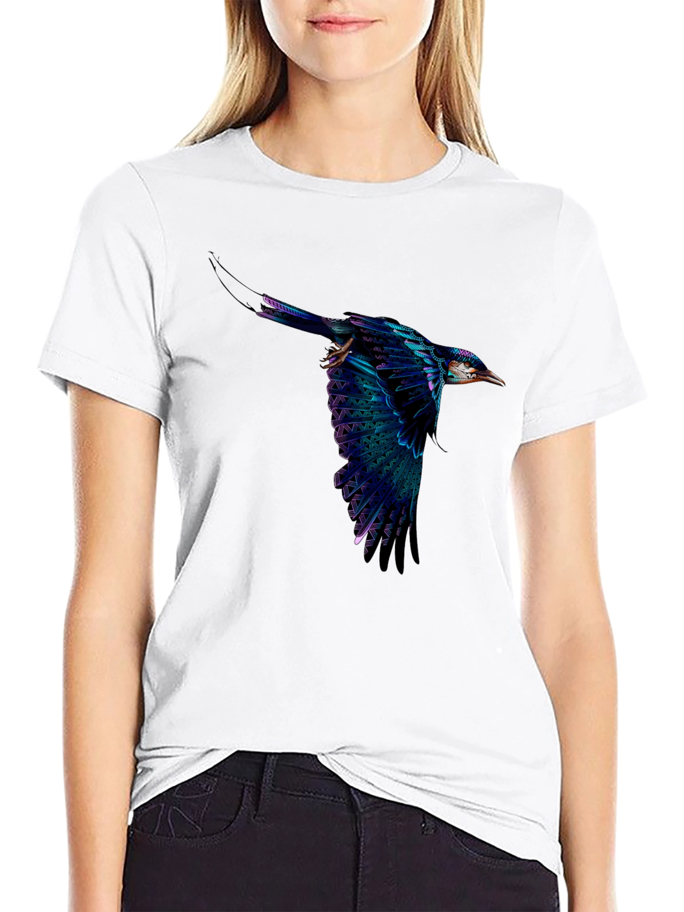 Vivid Flying Bird Graphic Black T-Shirt