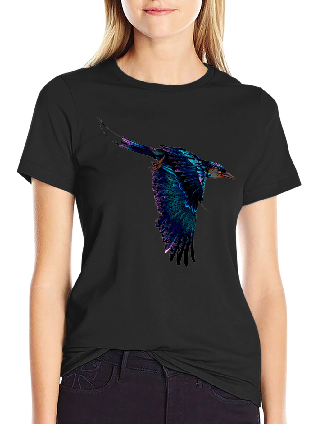 Vivid Flying Bird Graphic Black T-Shirt