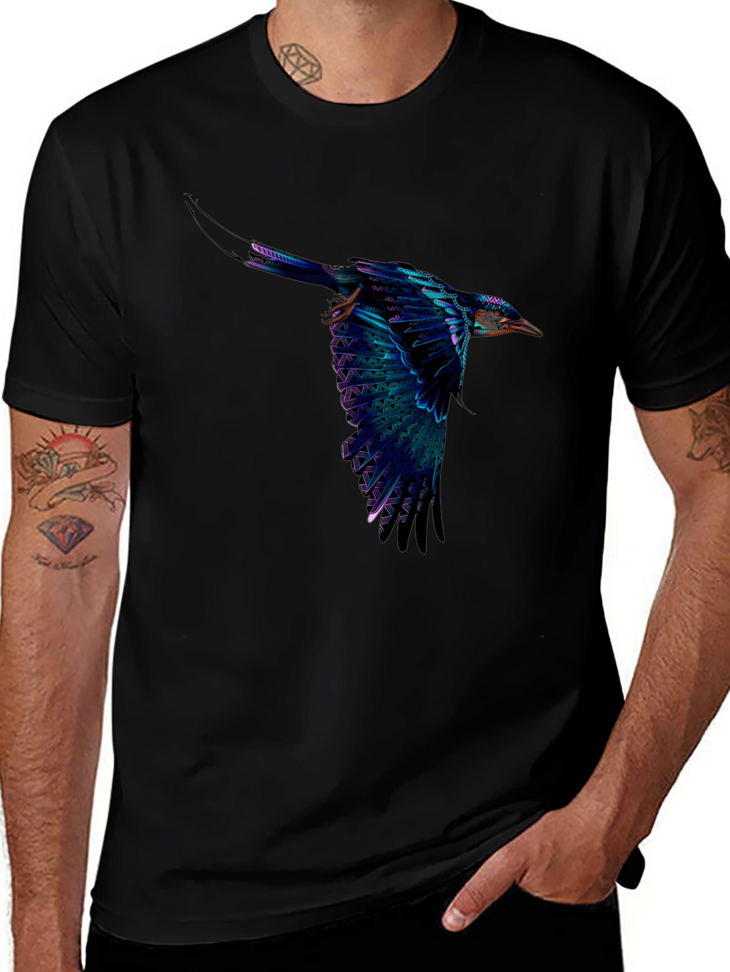 Vivid Flying Bird Graphic Black T-Shirt