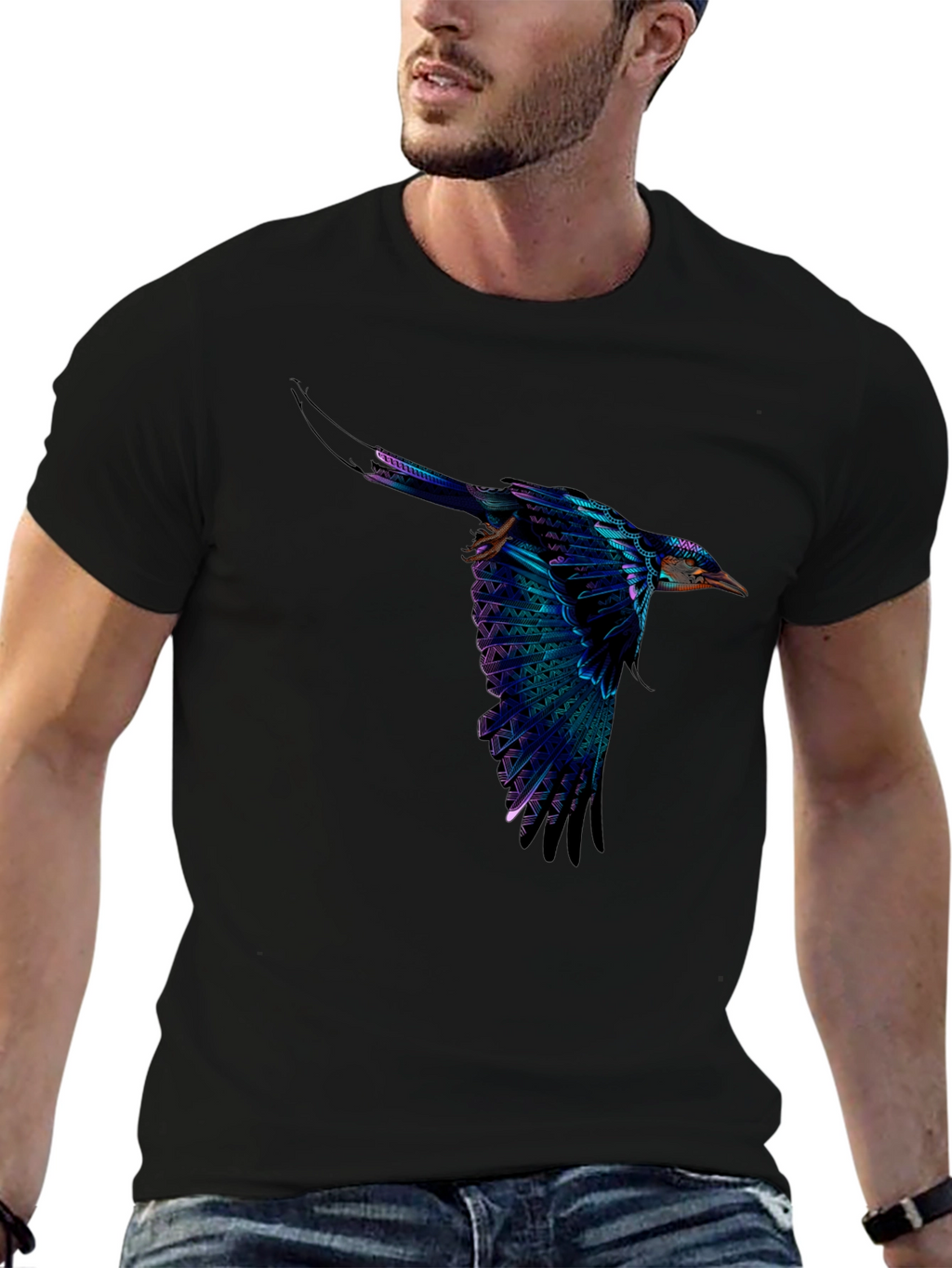 Vivid Flying Bird Graphic Black T-Shirt