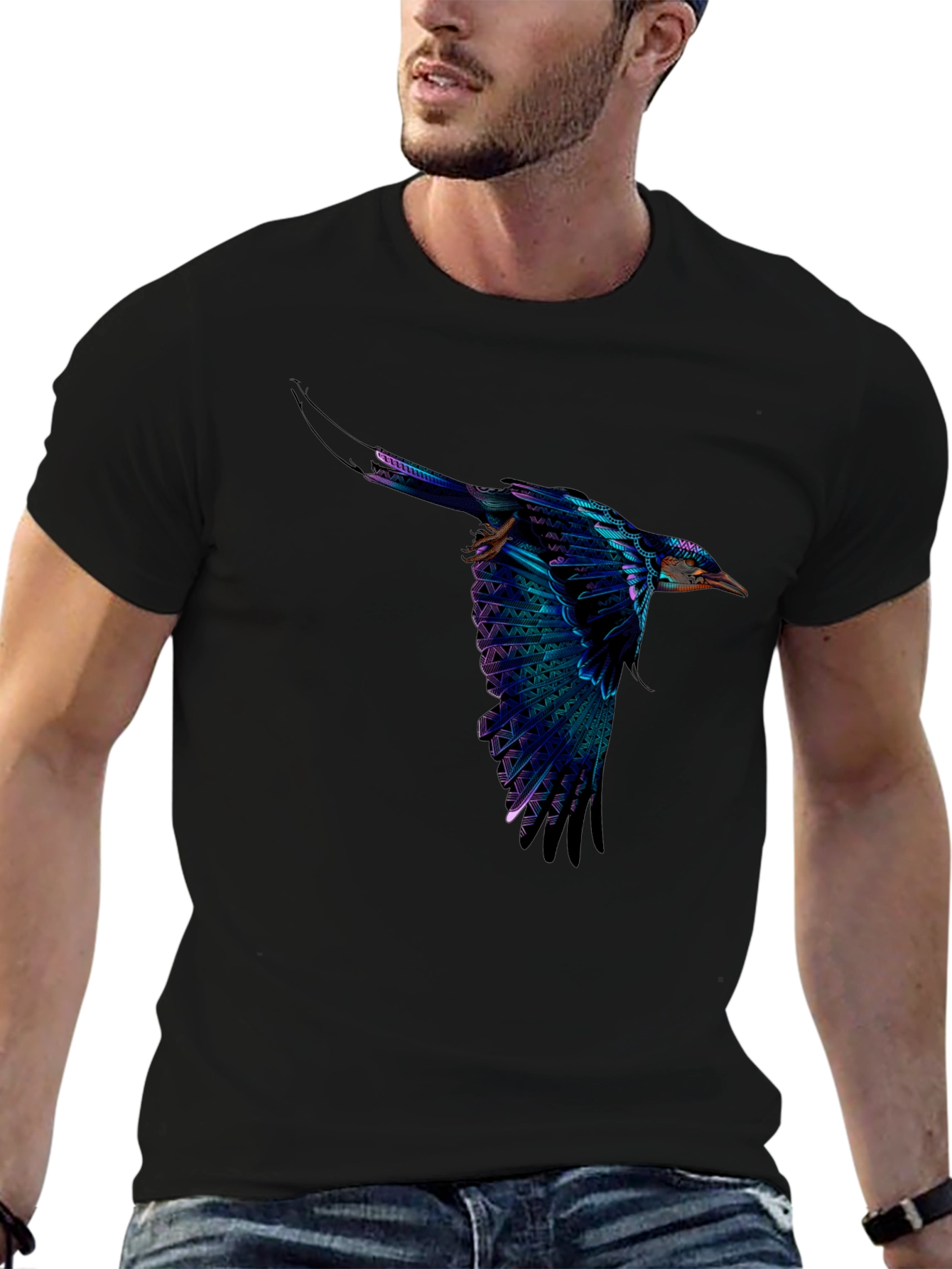 Vivid Flying Bird Graphic Black T-Shirt