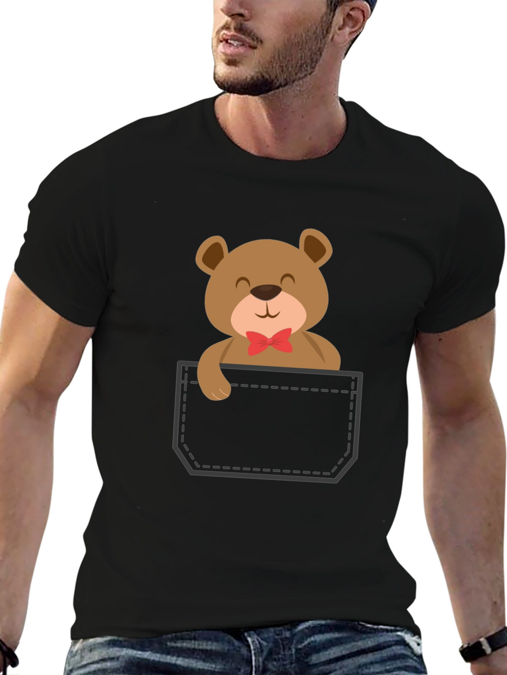 Cute Teddy Bear Pocket T-Shirt - Black