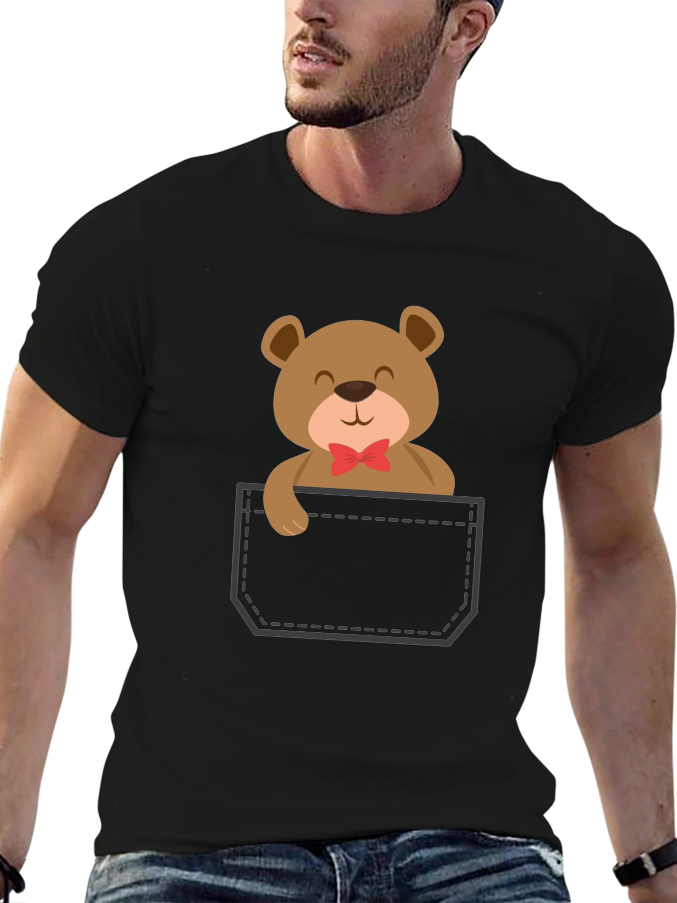 Cute Teddy Bear Pocket T-Shirt - Black