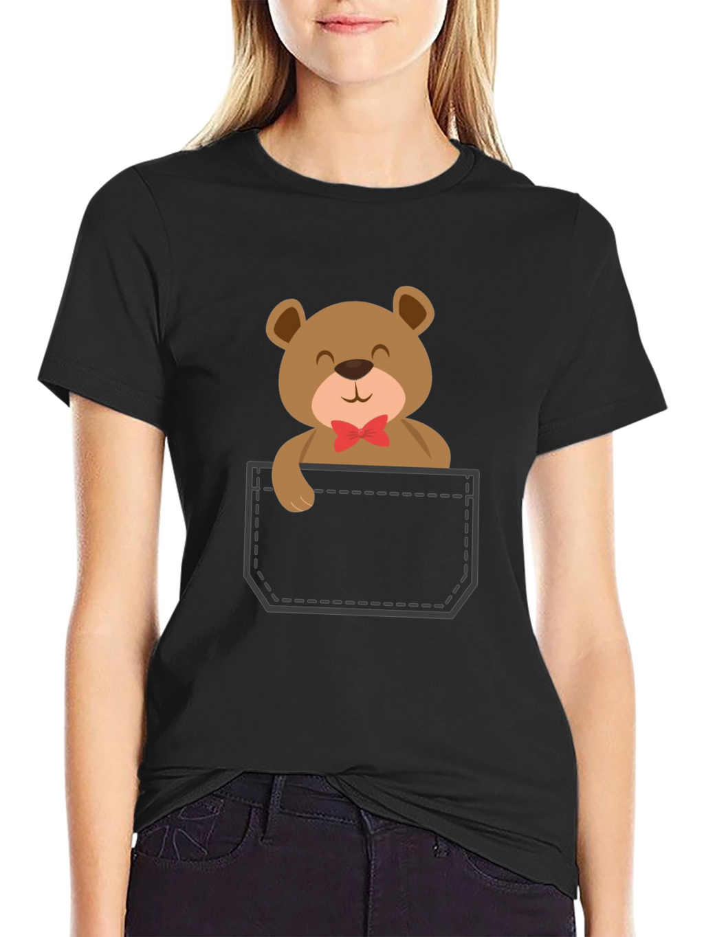 Cute Teddy Bear Pocket T-Shirt - Black