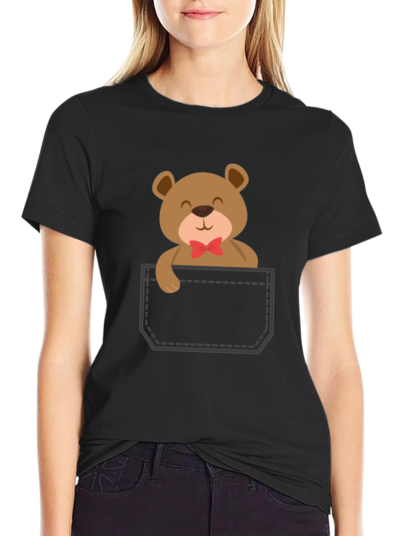 Cute Teddy Bear Pocket T-Shirt - Black