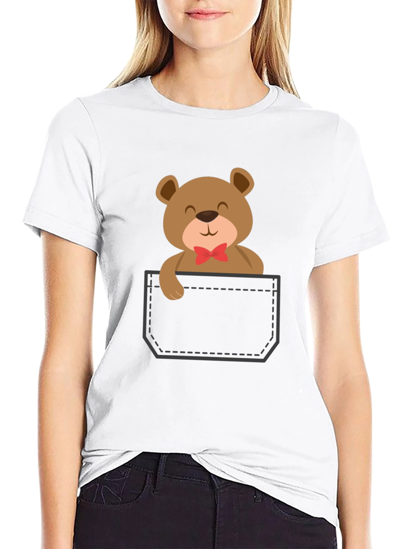 Cute Teddy Bear Pocket T-Shirt - Black