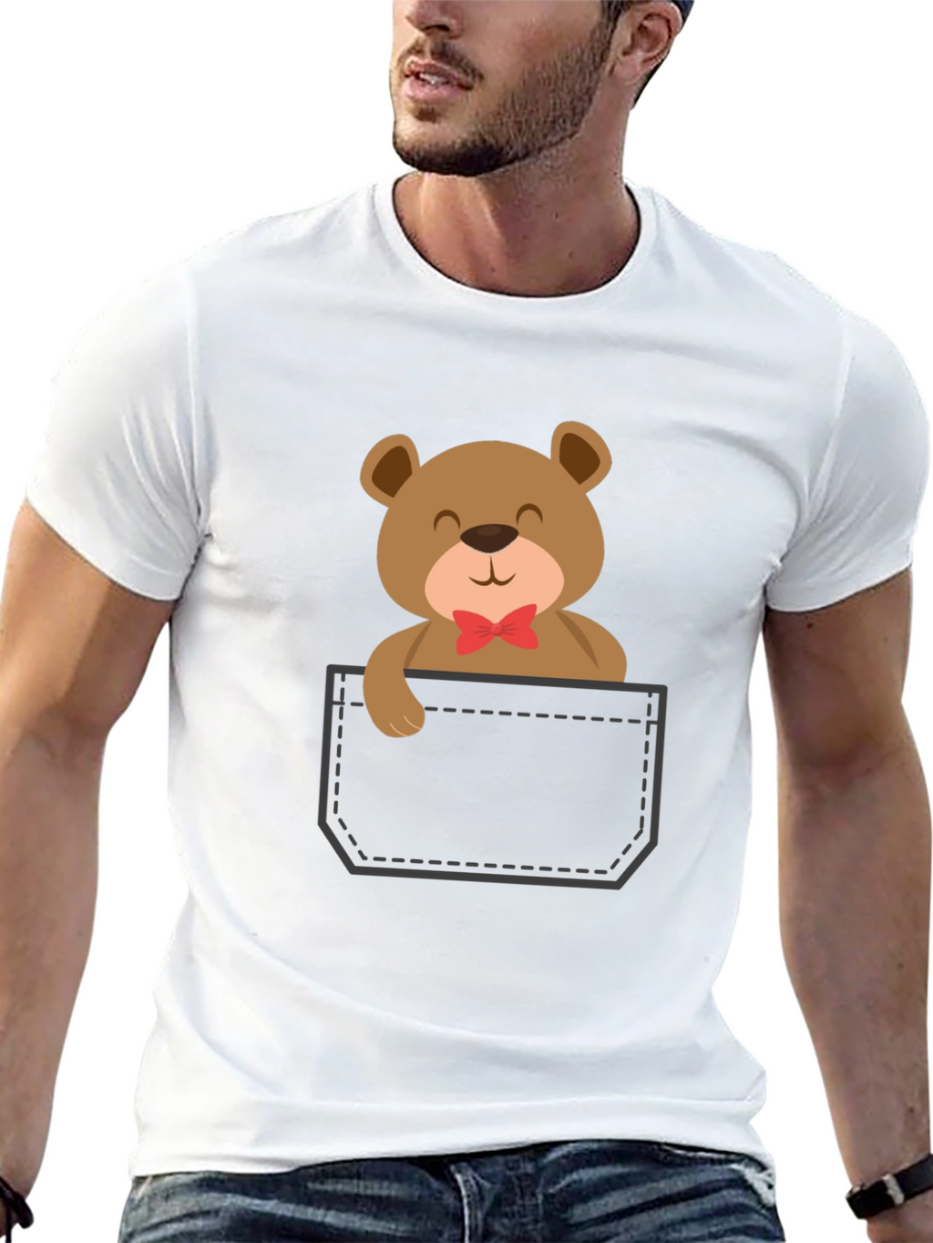 Cute Teddy Bear Pocket T-Shirt - Black
