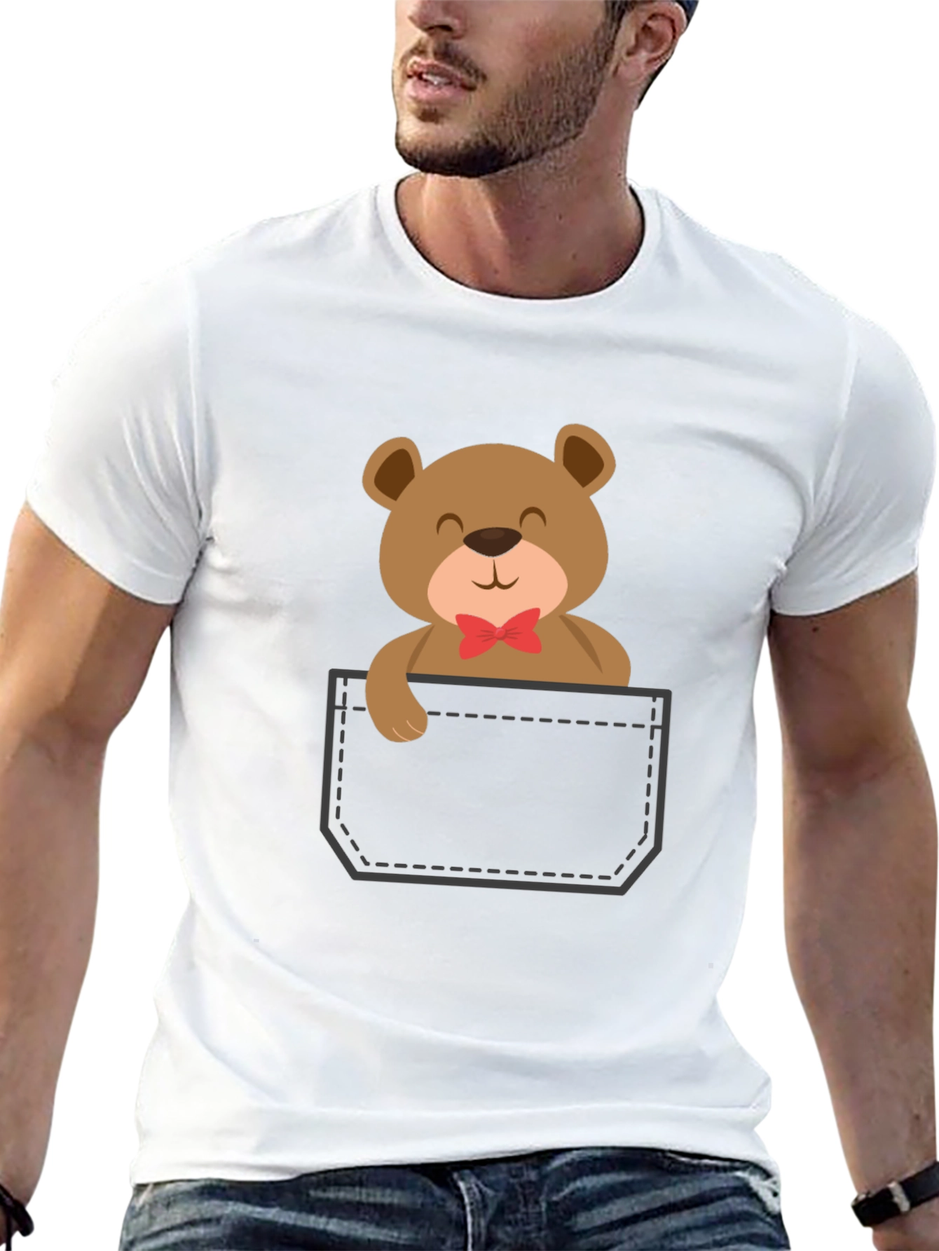 Cute Teddy Bear Pocket T-Shirt - Black
